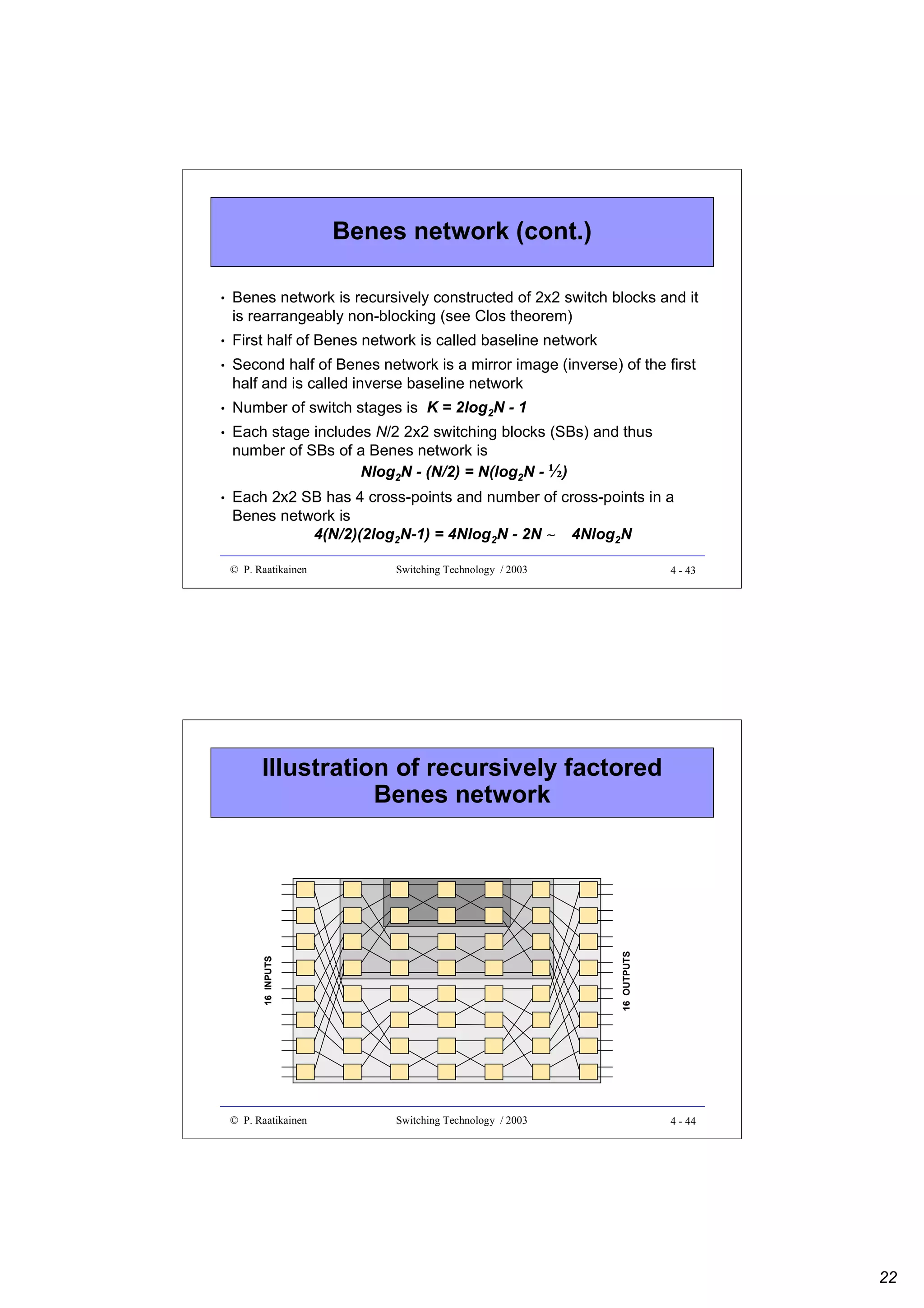 Benes network (cont.)
•

Benes network is recursively constructed of 2x2 switch blocks and it
is rearrangeably non-blocking (see Clos theorem)

•

First half of Benes network is called baseline network

•

Second half of Benes network is a mirror image (inverse) of the first
half and is called inverse baseline network

•

Number of switch stages is K = 2log2N - 1

•

Each stage includes N/2 2x2 switching blocks (SBs) and thus
number of SBs of a Benes network is
Nlog2N - (N/2) = N(log2N - ½)

•

Each 2x2 SB has 4 cross-points and number of cross-points in a
Benes network is
4(N/2)(2log2N-1) = 4Nlog2N - 2N ∼ 4Nlog2N
© P. Raatikainen

Switching Technology / 2003

4 - 43

16 INPUTS

16 OUTPUTS

Illustration of recursively factored
Benes network

© P. Raatikainen

Switching Technology / 2003

4 - 44

22

 