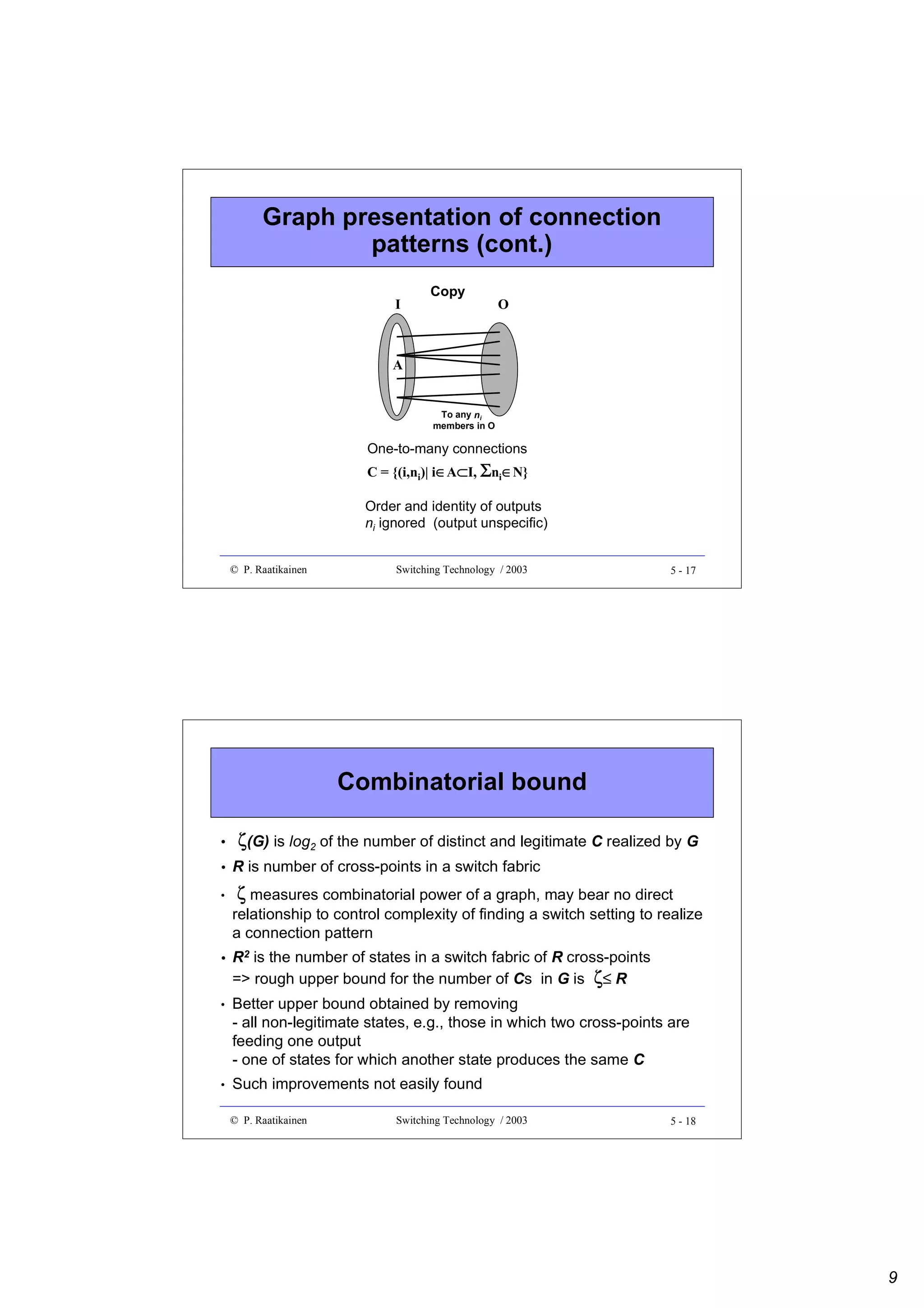 Graph presentation of connection
patterns (cont.)
I

Copy

O

A

To any ni
members in O

One-to-many connections
C = {(i,ni)| i∈A⊂I, Σni∈N}
Order and identity of outputs
ni ignored (output unspecific)
© P. Raatikainen

Switching Technology / 2003

5 - 17

Combinatorial bound
•
•
•

ζ(G) is log2 of the number of distinct and legitimate C realized by G
R is number of cross-points in a switch fabric

ζ measures combinatorial power of a graph, may bear no direct
relationship to control complexity of finding a switch setting to realize
a connection pattern

•

R2 is the number of states in a switch fabric of R cross-points
=> rough upper bound for the number of Cs in G is ζ≤ R

•

Better upper bound obtained by removing
- all non-legitimate states, e.g., those in which two cross-points are
feeding one output
- one of states for which another state produces the same C

•

Such improvements not easily found
© P. Raatikainen

Switching Technology / 2003

5 - 18

9

 
