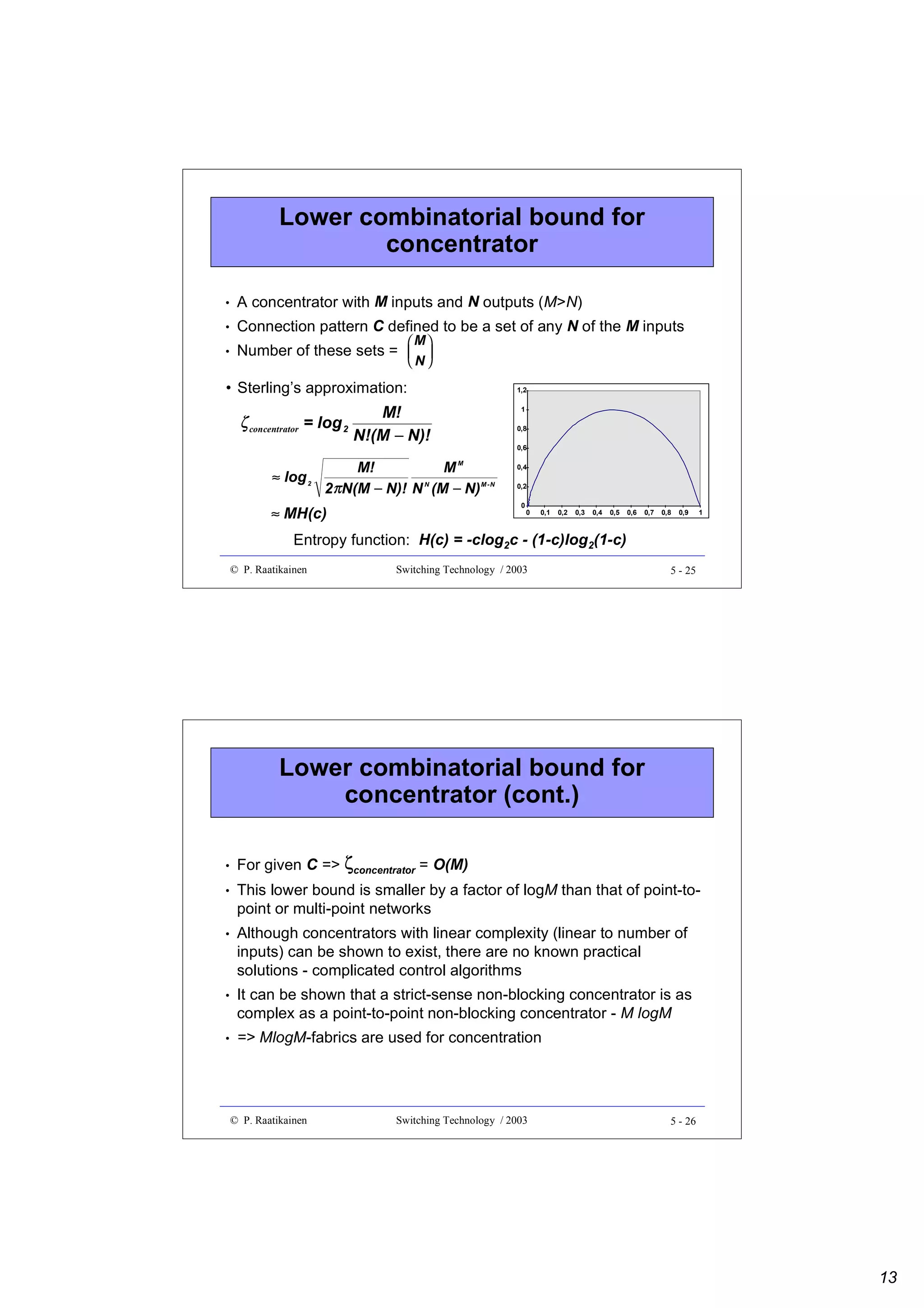 Lower combinatorial bound for
concentrator
•

A concentrator with M inputs and N outputs (M>N)

•

Connection pattern C defined to be a set of any N of the M inputs

•

Number of these sets =  

 M
N

• Sterling’s approximation:

ζ concentrator = log 2
≈ log 2

1,2

M-1+N


 M-1 

1

M!
N!(M − N)!

0,8
0,6
M

M!
M
2 πN(M − N)! N N (M − N) M -N

0,4
0,2
0

≈ MH(c)

0

0,1

0,2

0,3

0,4

0,5

0,6

0,7

0,8

0,9

1

Entropy function: H(c) = -clog2c - (1-c)log2(1-c)
© P. Raatikainen

Switching Technology / 2003

5 - 25

Lower combinatorial bound for
concentrator (cont.)
•

For given C => ζconcentrator = O(M)

•

This lower bound is smaller by a factor of logM than that of point-topoint or multi-point networks

•

Although concentrators with linear complexity (linear to number of
inputs) can be shown to exist, there are no known practical
solutions - complicated control algorithms

•

It can be shown that a strict-sense non-blocking concentrator is as
complex as a point-to-point non-blocking concentrator - M logM

•

=> MlogM-fabrics are used for concentration

© P. Raatikainen

Switching Technology / 2003

5 - 26

13

 