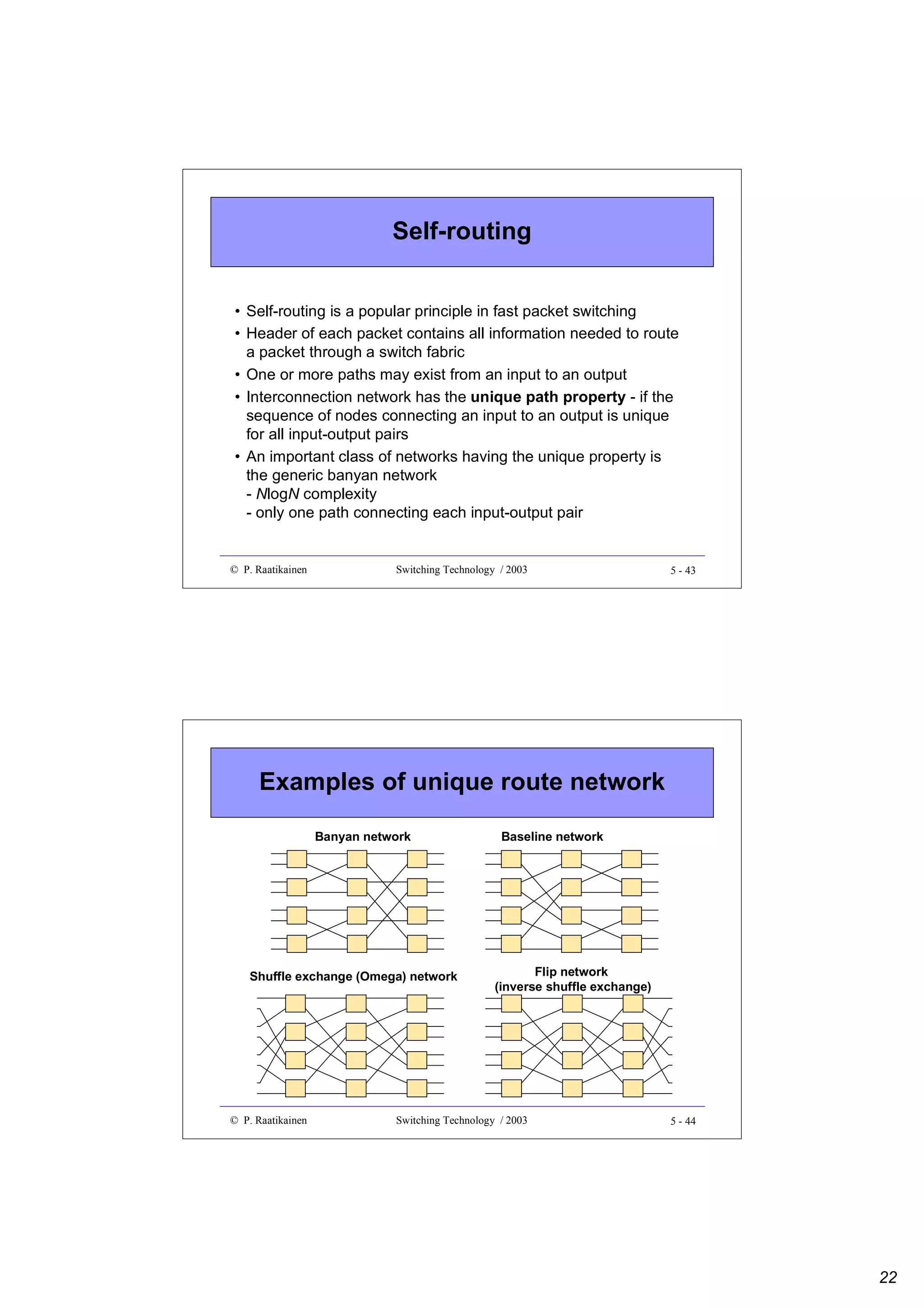 Self-routing
• Self-routing is a popular principle in fast packet switching
• Header of each packet contains all information needed to route
a packet through a switch fabric
• One or more paths may exist from an input to an output
• Interconnection network has the unique path property - if the
sequence of nodes connecting an input to an output is unique
for all input-output pairs
• An important class of networks having the unique property is
the generic banyan network
- NlogN complexity
- only one path connecting each input-output pair

© P. Raatikainen

Switching Technology / 2003

5 - 43

Examples of unique route network
Banyan network

Shuffle exchange (Omega) network

© P. Raatikainen

Baseline network

Flip network
(inverse shuffle exchange)

Switching Technology / 2003

5 - 44

22

 
