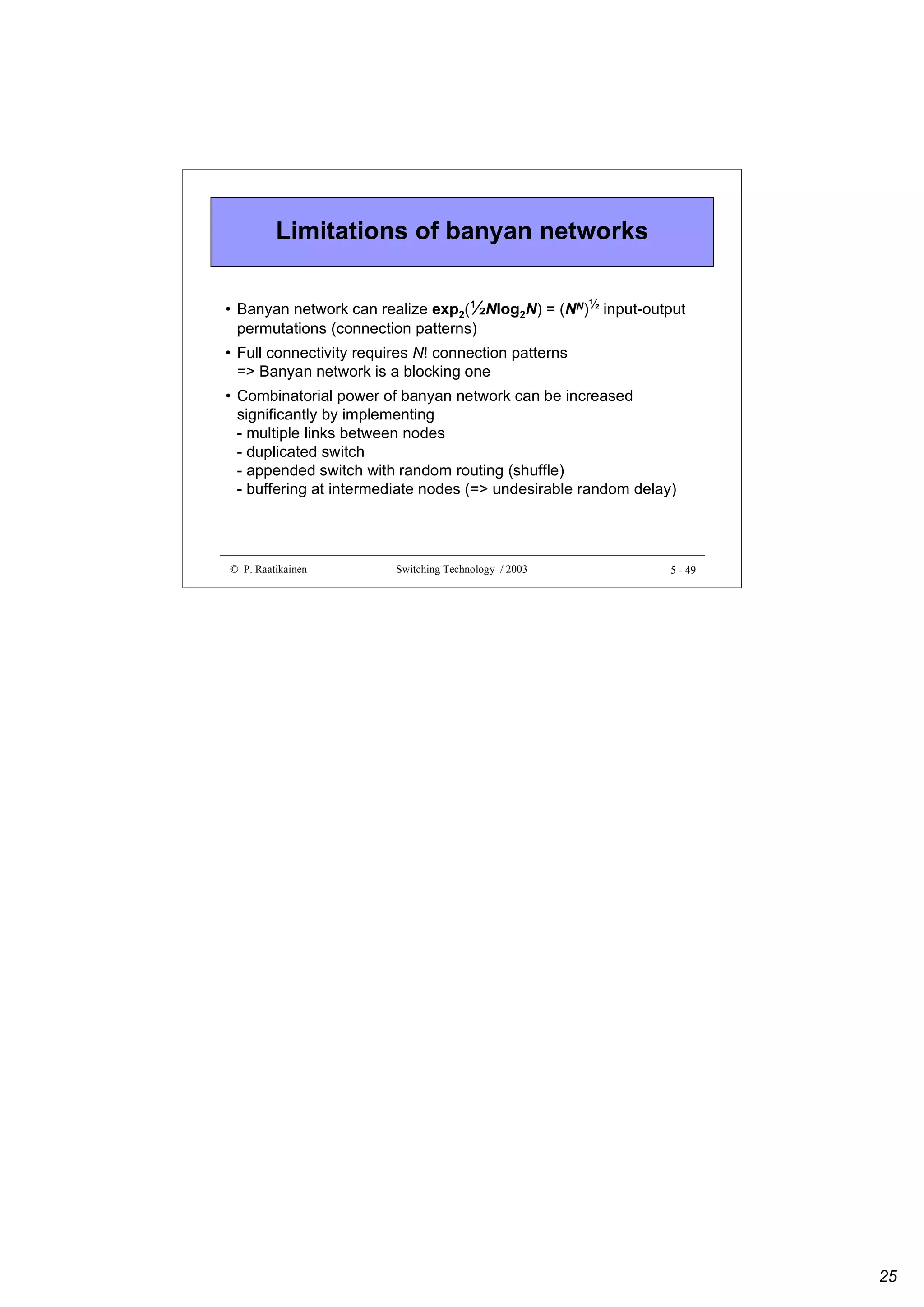 Limitations of banyan networks
• Banyan network can realize exp2(½Nlog2N) = (NN)½ input-output
permutations (connection patterns)
• Full connectivity requires N! connection patterns
=> Banyan network is a blocking one
• Combinatorial power of banyan network can be increased
significantly by implementing
- multiple links between nodes
- duplicated switch
- appended switch with random routing (shuffle)
- buffering at intermediate nodes (=> undesirable random delay)

© P. Raatikainen

Switching Technology / 2003

5 - 49

25

 