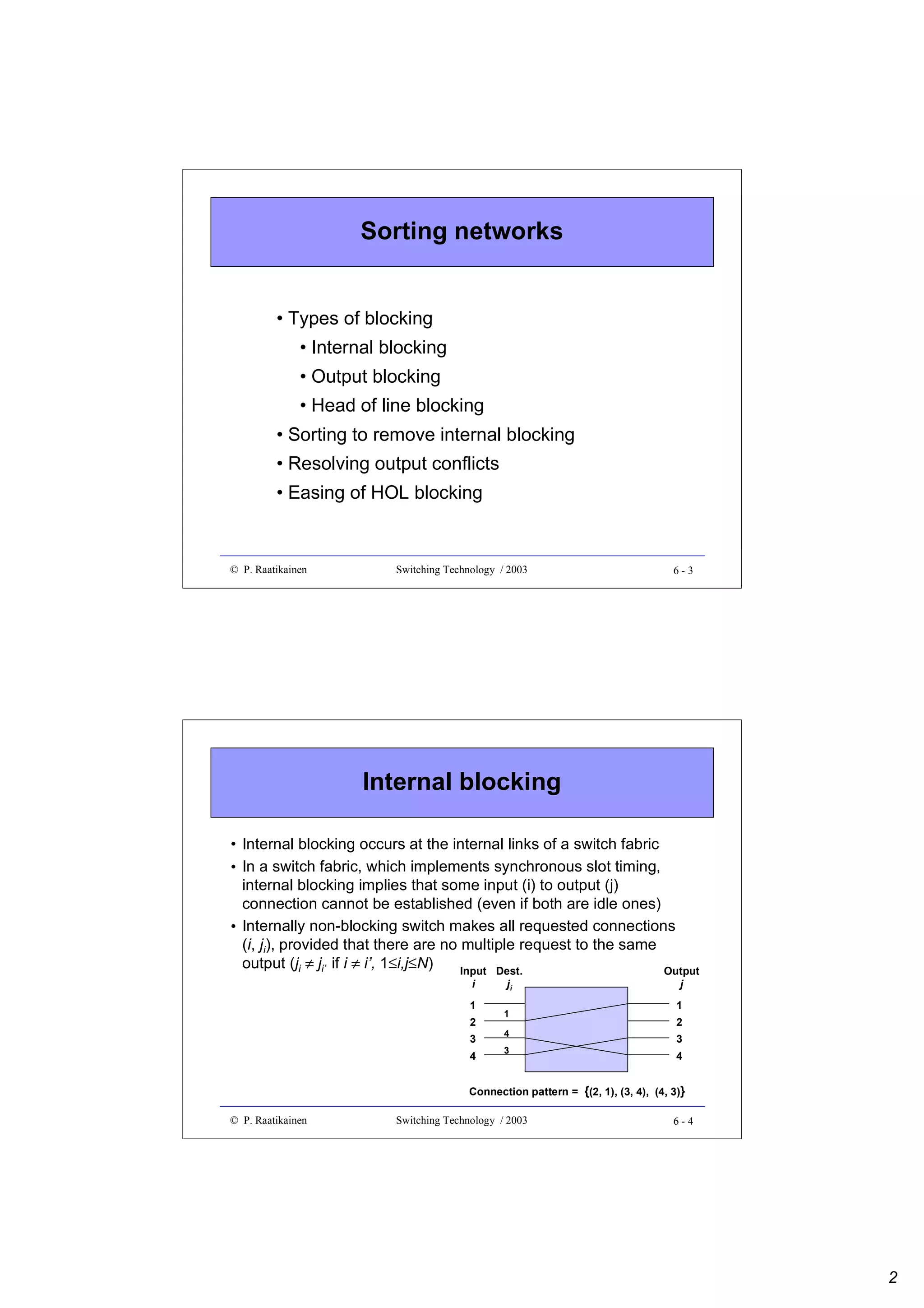 Sorting networks

• Types of blocking
• Internal blocking
• Output blocking
• Head of line blocking
• Sorting to remove internal blocking
• Resolving output conflicts
• Easing of HOL blocking

© P. Raatikainen

Switching Technology / 2003

6-3

Internal blocking
• Internal blocking occurs at the internal links of a switch fabric
• In a switch fabric, which implements synchronous slot timing,
internal blocking implies that some input (i) to output (j)
connection cannot be established (even if both are idle ones)
• Internally non-blocking switch makes all requested connections
(i, ji), provided that there are no multiple request to the same
output (ji ≠ ji’ if i ≠ i’, 1≤i,j≤N)
Input Dest.
Output
i
1
2
3
4

ji
1
4
3

j
1
2
3
4

Connection pattern = {(2, 1), (3, 4), (4, 3)}
© P. Raatikainen

Switching Technology / 2003

6-4

2

 