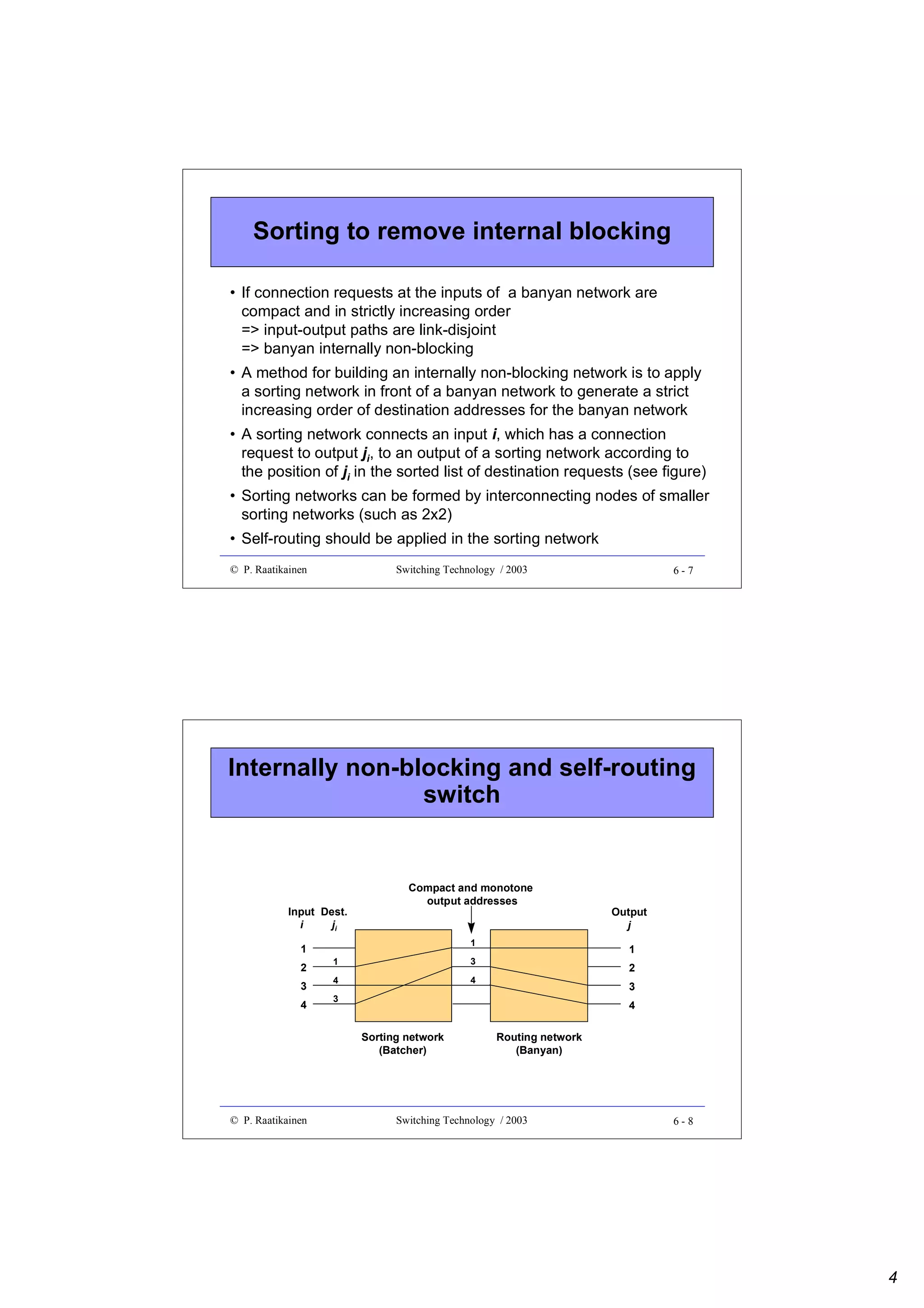 Sorting to remove internal blocking
• If connection requests at the inputs of a banyan network are
compact and in strictly increasing order
=> input-output paths are link-disjoint
=> banyan internally non-blocking
• A method for building an internally non-blocking network is to apply
a sorting network in front of a banyan network to generate a strict
increasing order of destination addresses for the banyan network
• A sorting network connects an input i, which has a connection
request to output ji, to an output of a sorting network according to
the position of ji in the sorted list of destination requests (see figure)
• Sorting networks can be formed by interconnecting nodes of smaller
sorting networks (such as 2x2)
• Self-routing should be applied in the sorting network
© P. Raatikainen

Switching Technology / 2003

6-7

Internally non-blocking and self-routing
switch

Input Dest.
i
ji
1
2
3
4

Compact and monotone
output addresses

1
1

4

2
3

3

4
Sorting network
(Batcher)

© P. Raatikainen

1

3

4

Output
j

Routing network
(Banyan)

Switching Technology / 2003

6-8

4

 