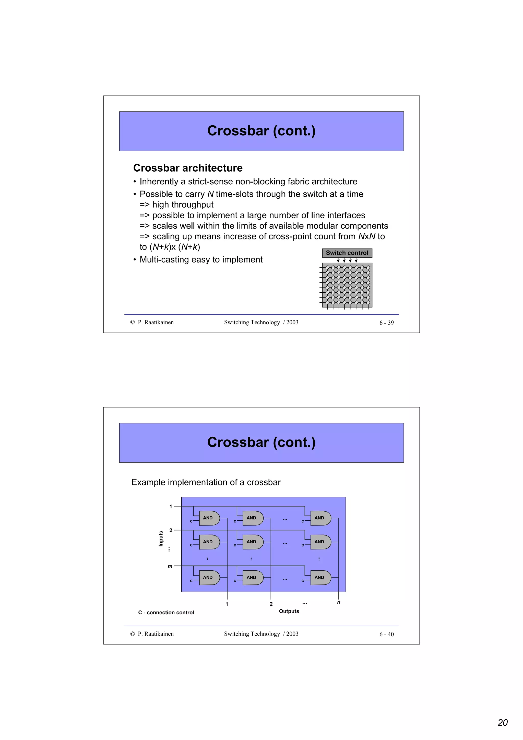 Crossbar (cont.)
Crossbar architecture
• Inherently a strict-sense non-blocking fabric architecture
• Possible to carry N time-slots through the switch at a time
=> high throughput
=> possible to implement a large number of line interfaces
=> scales well within the limits of available modular components
=> scaling up means increase of cross-point count from NxN to
to (N+k)x (N+k)
Switch control
• Multi-casting easy to implement

© P. Raatikainen

Switching Technology / 2003

6 - 39

Crossbar (cont.)
Example implementation of a crossbar
1

Inputs

c

AND

c

AND

...

c

AND

...

c

...

c

AND

2

...

c

AND

c

AND

...

...

...

m
c

AND

c

1
C - connection control

© P. Raatikainen

AND

2

...

AND

n

Outputs

Switching Technology / 2003

6 - 40

20

 