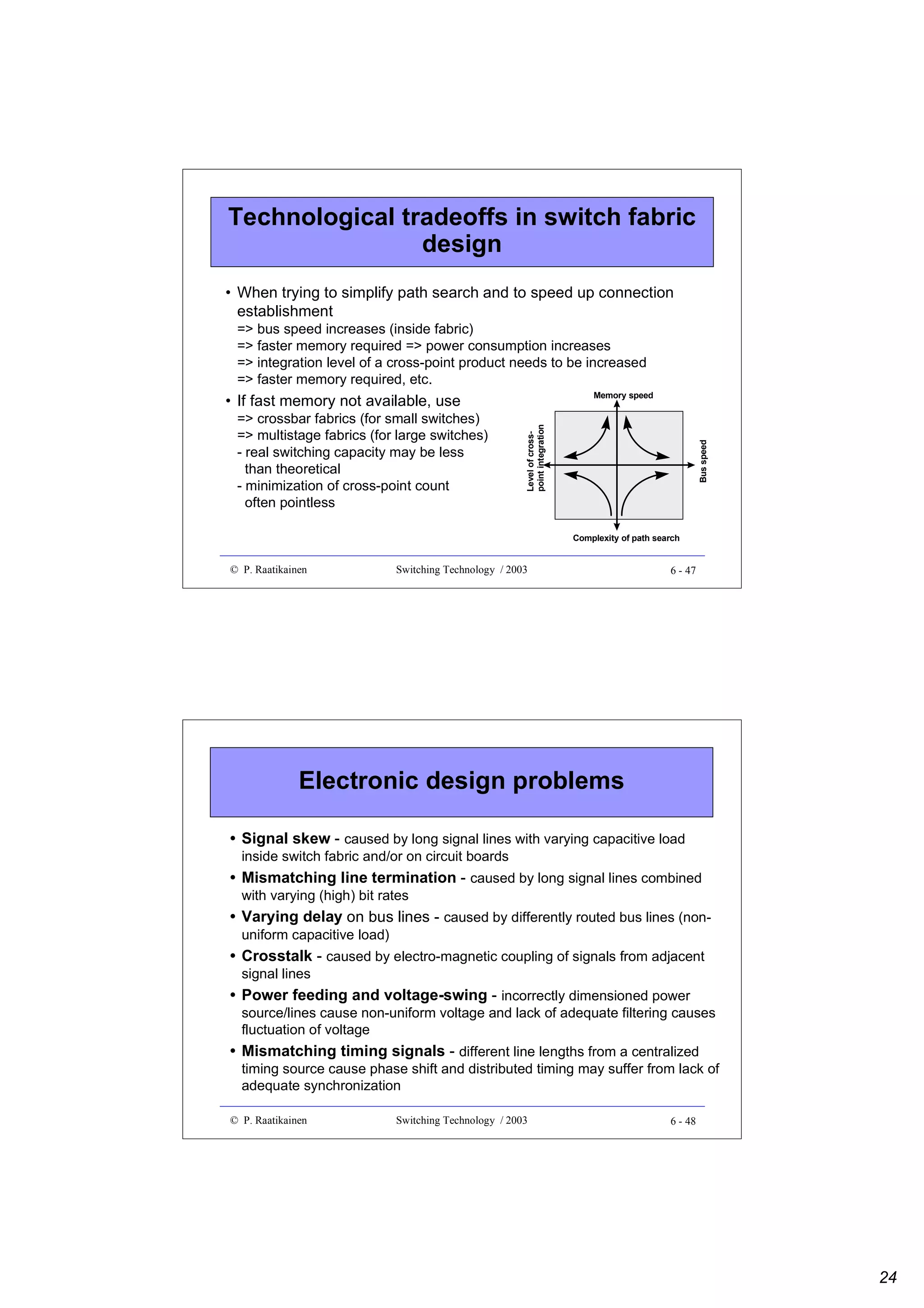 Technological tradeoffs in switch fabric
design
• When trying to simplify path search and to speed up connection
establishment
=> bus speed increases (inside fabric)
=> faster memory required => power consumption increases
=> integration level of a cross-point product needs to be increased
=> faster memory required, etc.
Memory speed

Bus speed

=> crossbar fabrics (for small switches)
=> multistage fabrics (for large switches)
- real switching capacity may be less
than theoretical
- minimization of cross-point count
often pointless

Level of crosspoint integration

• If fast memory not available, use

Complexity of path search

© P. Raatikainen

Switching Technology / 2003

6 - 47

Electronic design problems
• Signal skew - caused by long signal lines with varying capacitive load
inside switch fabric and/or on circuit boards

• Mismatching line termination - caused by long signal lines combined
with varying (high) bit rates

• Varying delay on bus lines - caused by differently routed bus lines (nonuniform capacitive load)

• Crosstalk - caused by electro-magnetic coupling of signals from adjacent
signal lines

• Power feeding and voltage-swing - incorrectly dimensioned power
source/lines cause non-uniform voltage and lack of adequate filtering causes
fluctuation of voltage

• Mismatching timing signals - different line lengths from a centralized
timing source cause phase shift and distributed timing may suffer from lack of
adequate synchronization
© P. Raatikainen

Switching Technology / 2003

6 - 48

24

 