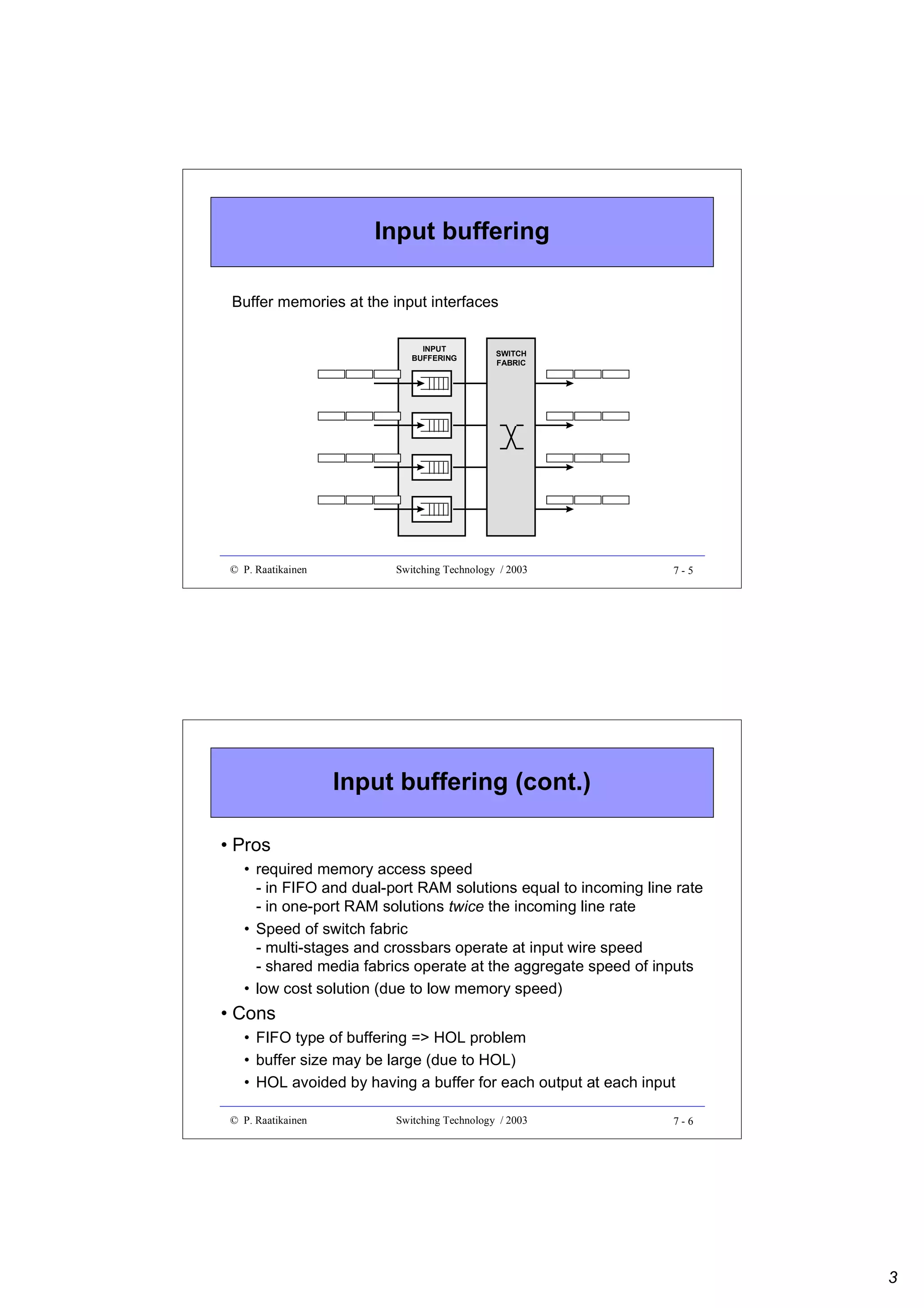 Input buffering
Buffer memories at the input interfaces
INPUT
BUFFERING

© P. Raatikainen

SWITCH
FABRIC

Switching Technology / 2003

7-5

Input buffering (cont.)
• Pros
• required memory access speed
- in FIFO and dual-port RAM solutions equal to incoming line rate
- in one-port RAM solutions twice the incoming line rate
• Speed of switch fabric
- multi-stages and crossbars operate at input wire speed
- shared media fabrics operate at the aggregate speed of inputs
• low cost solution (due to low memory speed)

• Cons
• FIFO type of buffering => HOL problem
• buffer size may be large (due to HOL)
• HOL avoided by having a buffer for each output at each input
© P. Raatikainen

Switching Technology / 2003

7-6

3

 
