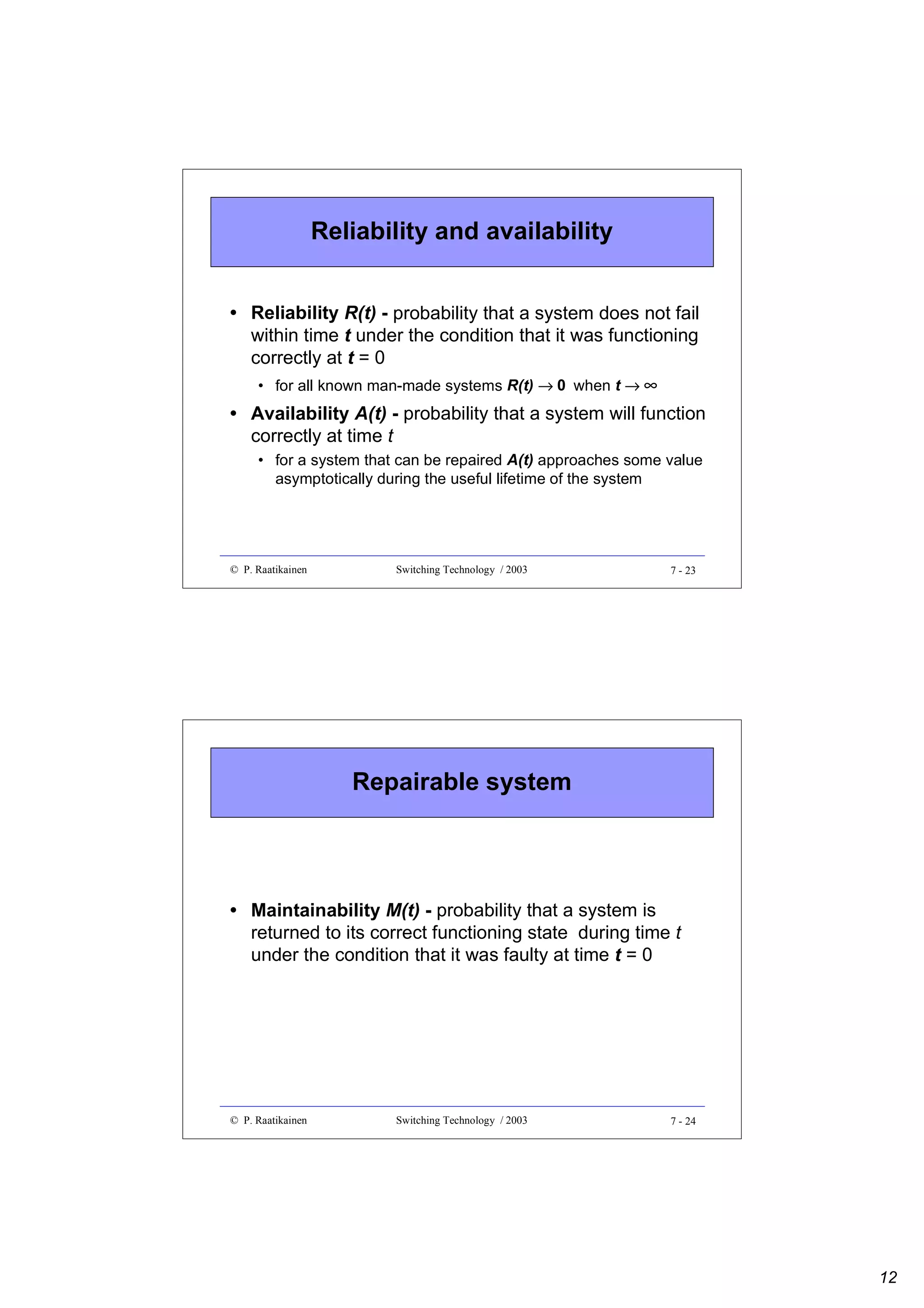 Reliability and availability
• Reliability R(t) - probability that a system does not fail
within time t under the condition that it was functioning
correctly at t = 0
• for all known man-made systems R(t) → 0 when t → ∞
• Availability A(t) - probability that a system will function
correctly at time t
• for a system that can be repaired A(t) approaches some value
asymptotically during the useful lifetime of the system

© P. Raatikainen

Switching Technology / 2003

7 - 23

Repairable system

• Maintainability M(t) - probability that a system is
returned to its correct functioning state during time t
under the condition that it was faulty at time t = 0

© P. Raatikainen

Switching Technology / 2003

7 - 24

12

 
