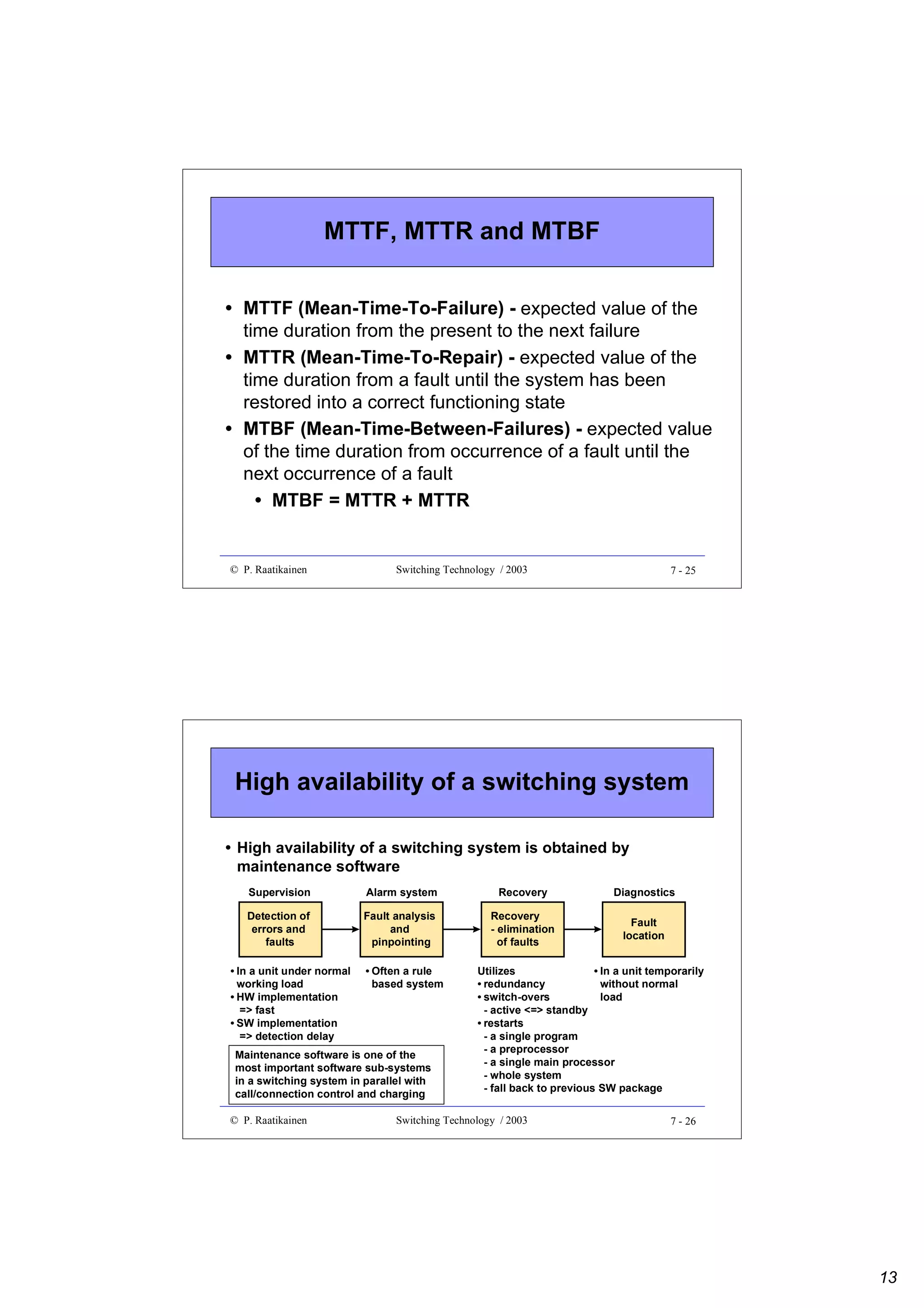 MTTF, MTTR and MTBF
• MTTF (Mean-Time-To-Failure) - expected value of the
time duration from the present to the next failure
• MTTR (Mean-Time-To-Repair) - expected value of the
time duration from a fault until the system has been
restored into a correct functioning state
• MTBF (Mean-Time-Between-Failures) - expected value
of the time duration from occurrence of a fault until the
next occurrence of a fault
• MTBF = MTTR + MTTR

© P. Raatikainen

Switching Technology / 2003

7 - 25

High availability of a switching system
• High availability of a switching system is obtained by
maintenance software
Supervision

Alarm system

Recovery

Diagnostics

Detection of
errors and
faults

Fault analysis
and
pinpointing

Recovery
- elimination
of faults

Fault
location

• In a unit under normal
working load
• HW implementation
=> fast
• SW implementation
=> detection delay

• Often a rule
based system

Maintenance software is one of the
most important software sub-systems
in a switching system in parallel with
call/connection control and charging
© P. Raatikainen

Utilizes
• In a unit temporarily
• redundancy
without normal
• switch-overs
load
- active <=> standby
• restarts
- a single program
- a preprocessor
- a single main processor
- whole system
- fall back to previous SW package

Switching Technology / 2003

7 - 26

13

 
