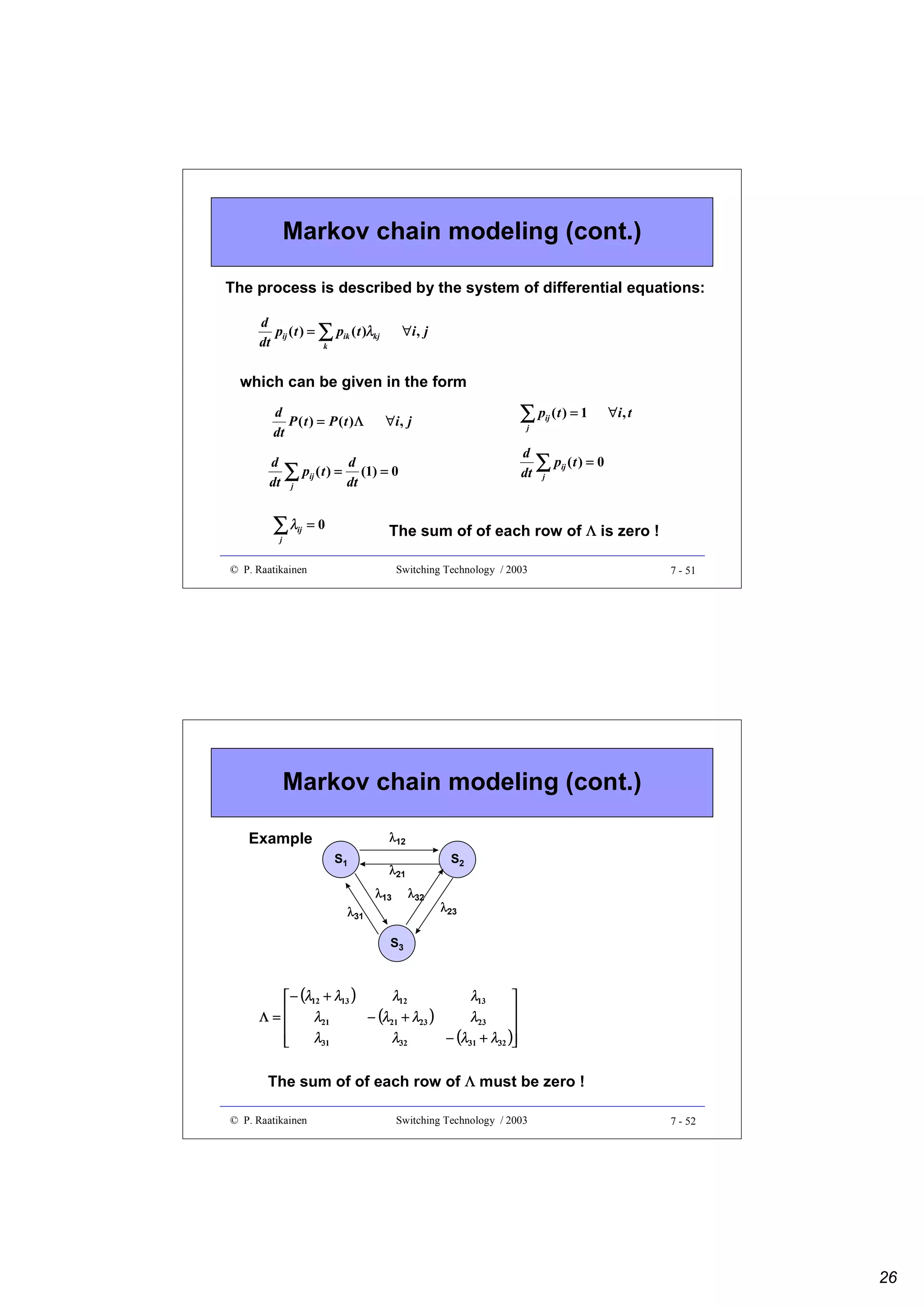 Markov chain modeling (cont.)
The process is described by the system of differential equations:
d
pij ( t ) = ∑ pik ( t )λkj
dt
k

∀i , j

which can be given in the form
d
P ( t ) = P ( t )Λ
dt

∑ p (t ) = 1

∀i , j

ij

d
∑ pij ( t ) = 0
dt j

d
d
∑ pij ( t ) = dt (1) = 0
dt j

∑λ

ij

=0

∀i , t

j

The sum of of each row of Λ is zero !

j

© P. Raatikainen

Switching Technology / 2003

7 - 51

Markov chain modeling (cont.)
Example

λ12
S1

λ31

S2

λ21
λ13

λ32

λ23

S3

λ12
λ13
 − (λ12 + λ13 )



Λ=
λ21
− (λ21 + λ23 )
λ23



λ31
λ32
− (λ31 + λ32 )



The sum of of each row of Λ must be zero !
© P. Raatikainen

Switching Technology / 2003

7 - 52

26

 