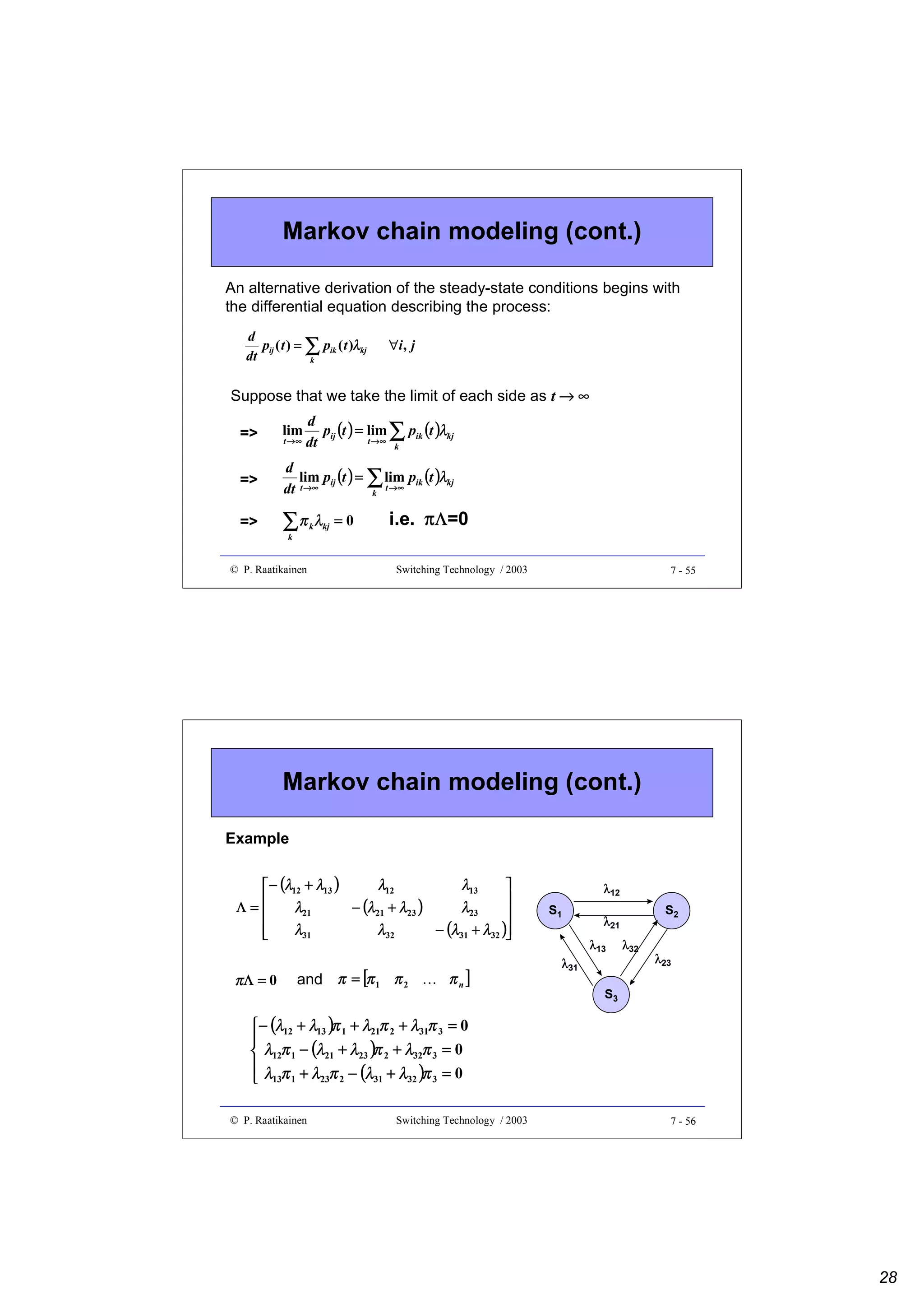 Markov chain modeling (cont.)
An alternative derivation of the steady-state conditions begins with
the differential equation describing the process:
d
pij ( t ) = ∑ pik ( t )λkj
dt
k

∀i , j

Suppose that we take the limit of each side as t → ∞
d
pij (t ) = lim ∑ pik (t )λkj
t →∞
dt
k

=>

lim

=>

d
lim pij (t ) = ∑ lim pik (t )λkj
t →∞
dt t →∞
k

=>

∑π

t →∞

k

λkj = 0

i.e. πΛ=0

k

© P. Raatikainen

Switching Technology / 2003

7 - 55

Markov chain modeling (cont.)
Example
λ12
λ13
 − (λ12 + λ13 )


Λ=
− (λ21 + λ23 )
λ21
λ23



− (λ31 + λ32 )
λ31
λ32



and π = [π 1 π 2
 

πΛ = 0

πn]

λ12
S1

λ31

S2

λ21
λ13

λ32

λ23

S3

 − (λ12 + λ13 )π 1 + λ21π 2 + λ31π 3 = 0

 λ12π 1 − (λ21 + λ23 )π 2 + λ32π 3 = 0
 λ π + λ π − (λ + λ )π = 0
23 2
31
32
3
 13 1
© P. Raatikainen

Switching Technology / 2003

7 - 56

28

 