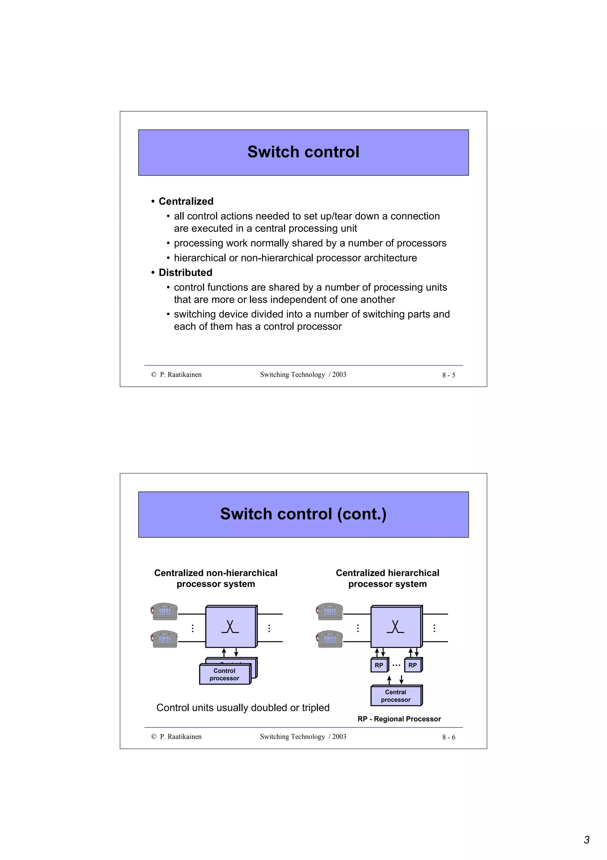 Switch control
• Centralized
• all control actions needed to set up/tear down a connection
are executed in a central processing unit
• processing work normally shared by a number of processors
• hierarchical or non-hierarchical processor architecture
• Distributed
• control functions are shared by a number of processing units
that are more or less independent of one another
• switching device divided into a number of switching parts and
each of them has a control processor

© P. Raatikainen

Switching Technology / 2003

8-5

Switch control (cont.)

Control
Control
processor
processor

…

…

Centralized hierarchical
processor system

…

…

Centralized non-hierarchical
processor system

RP

Control units usually doubled or tripled

…

RP

Central
processor

RP - Regional Processor
© P. Raatikainen

Switching Technology / 2003

8-6

3

 