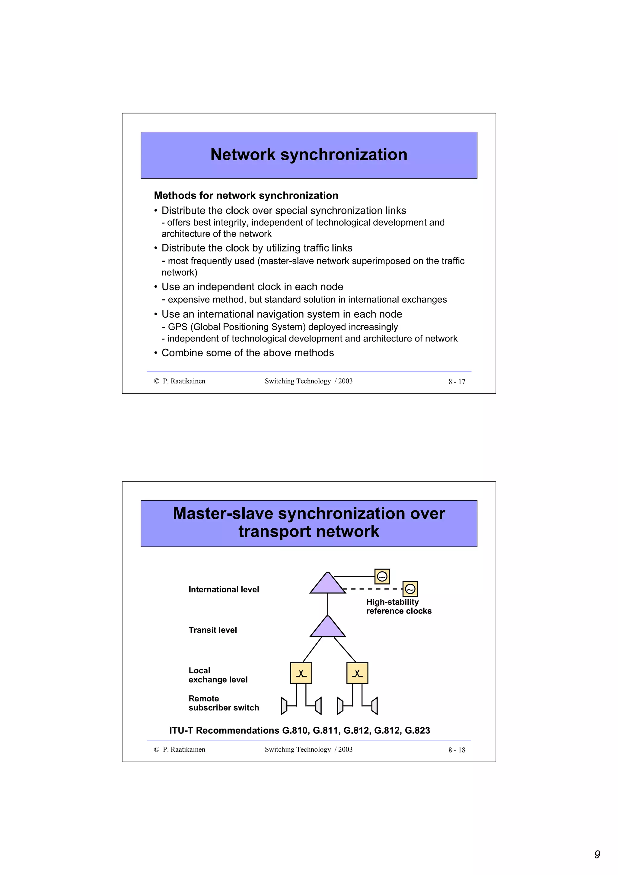 Network synchronization
Methods for network synchronization
• Distribute the clock over special synchronization links
- offers best integrity, independent of technological development and
architecture of the network

• Distribute the clock by utilizing traffic links
- most frequently used (master-slave network superimposed on the traffic
network)

• Use an independent clock in each node
- expensive method, but standard solution in international exchanges
• Use an international navigation system in each node
- GPS (Global Positioning System) deployed increasingly
- independent of technological development and architecture of network

• Combine some of the above methods
© P. Raatikainen

Switching Technology / 2003

8 - 17

Master-slave synchronization over
transport network
∼

International level

∼

High-stability
reference clocks
Transit level

Local
exchange level
Remote
subscriber switch

ITU-T Recommendations G.810, G.811, G.812, G.812, G.823
© P. Raatikainen

Switching Technology / 2003

8 - 18

9

 