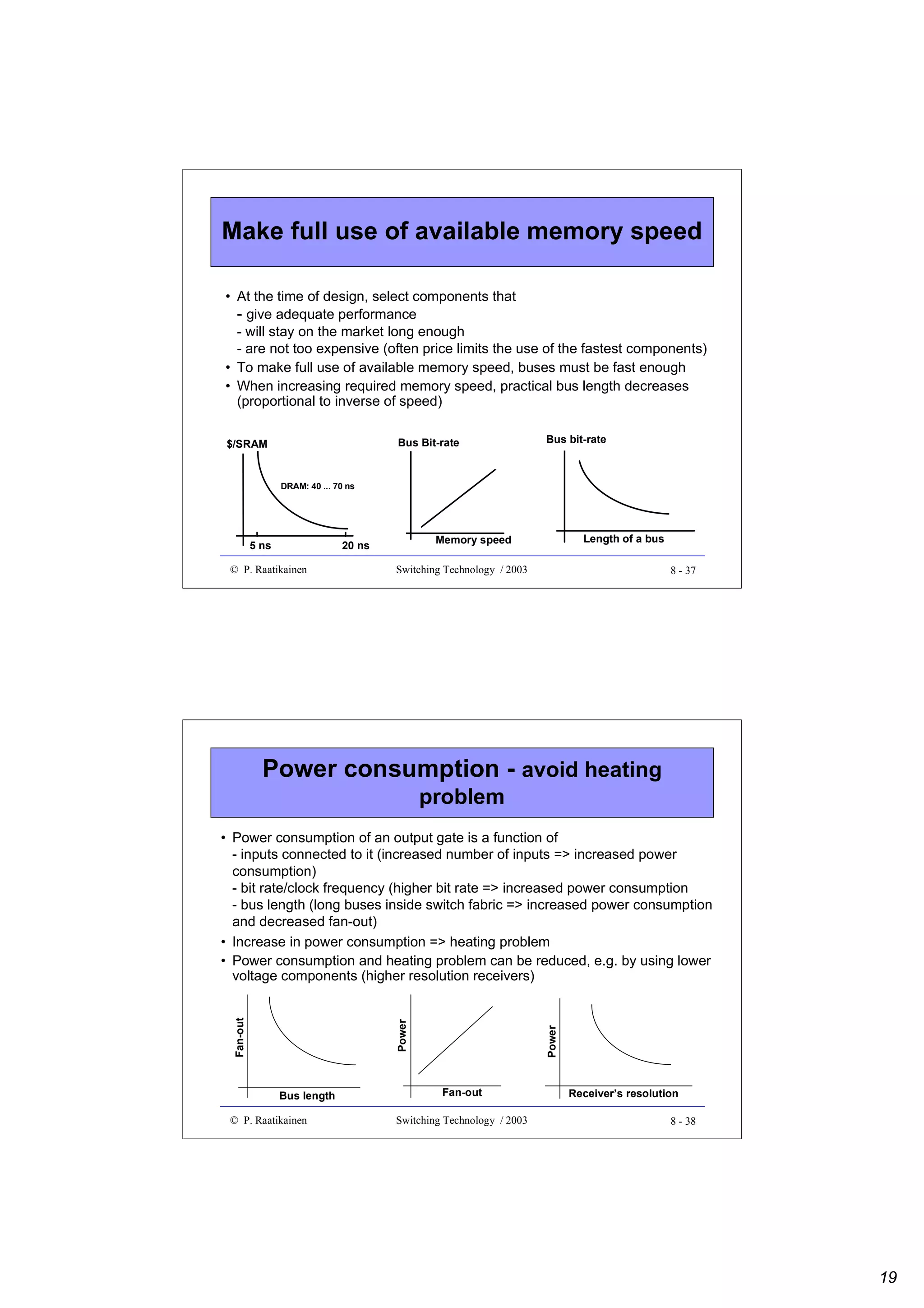 Make full use of available memory speed
• At the time of design, select components that
- give adequate performance
- will stay on the market long enough
- are not too expensive (often price limits the use of the fastest components)
• To make full use of available memory speed, buses must be fast enough
• When increasing required memory speed, practical bus length decreases
(proportional to inverse of speed)
Bus Bit-rate

$/SRAM

Bus bit-rate

DRAM: 40 ... 70 ns

5 ns
© P. Raatikainen

Length of a bus

Memory speed

20 ns

Switching Technology / 2003

8 - 37

Power consumption - avoid heating
problem

Bus length
© P. Raatikainen

Power

Power

Fan-out

• Power consumption of an output gate is a function of
- inputs connected to it (increased number of inputs => increased power
consumption)
- bit rate/clock frequency (higher bit rate => increased power consumption
- bus length (long buses inside switch fabric => increased power consumption
and decreased fan-out)
• Increase in power consumption => heating problem
• Power consumption and heating problem can be reduced, e.g. by using lower
voltage components (higher resolution receivers)

Fan-out
Switching Technology / 2003

Receiver’s resolution
8 - 38

19

 