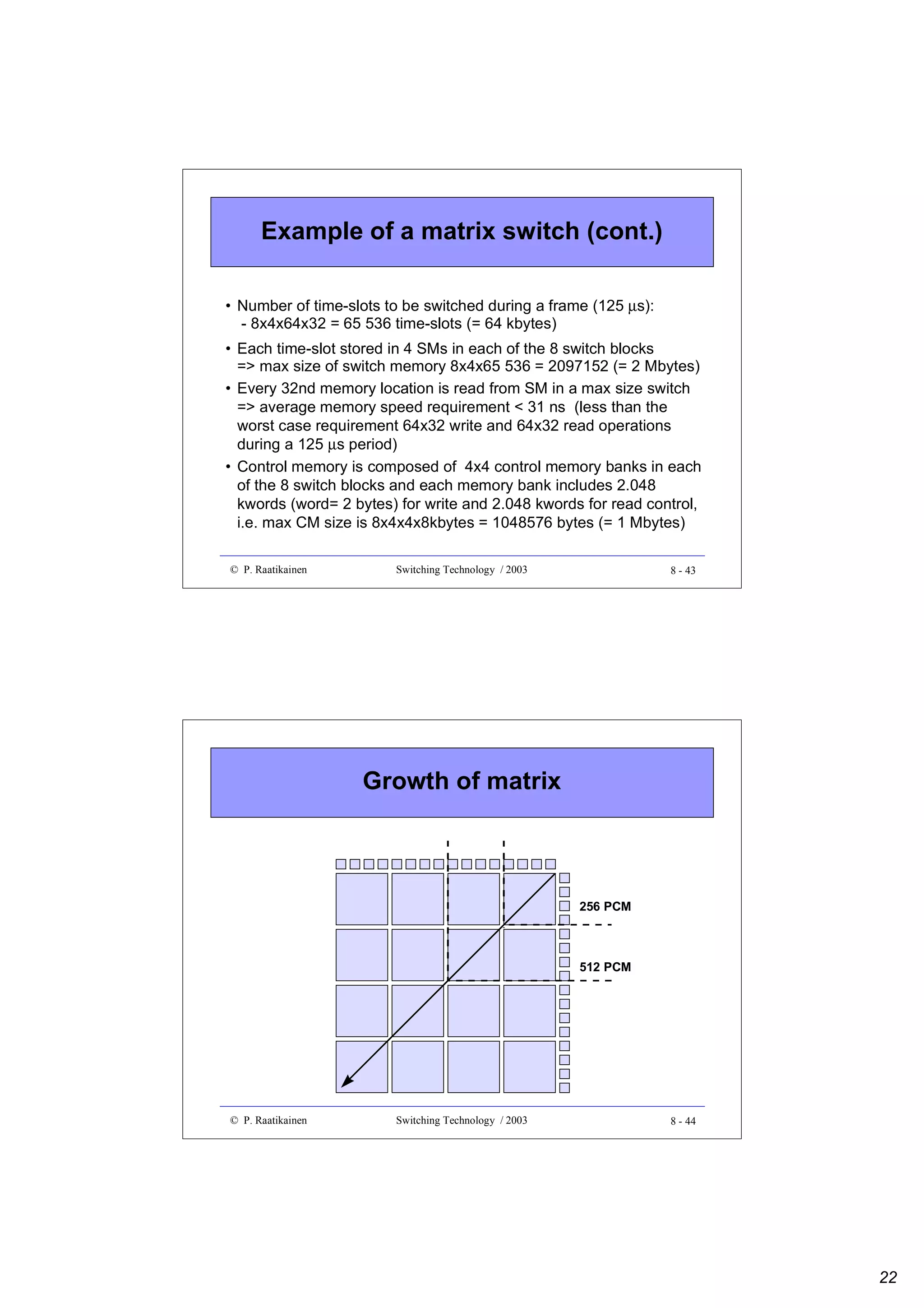 Example of a matrix switch (cont.)
• Number of time-slots to be switched during a frame (125 µs):
- 8x4x64x32 = 65 536 time-slots (= 64 kbytes)
• Each time-slot stored in 4 SMs in each of the 8 switch blocks
=> max size of switch memory 8x4x65 536 = 2097152 (= 2 Mbytes)
• Every 32nd memory location is read from SM in a max size switch
=> average memory speed requirement < 31 ns (less than the
worst case requirement 64x32 write and 64x32 read operations
during a 125 µs period)
• Control memory is composed of 4x4 control memory banks in each
of the 8 switch blocks and each memory bank includes 2.048
kwords (word= 2 bytes) for write and 2.048 kwords for read control,
i.e. max CM size is 8x4x4x8kbytes = 1048576 bytes (= 1 Mbytes)
© P. Raatikainen

Switching Technology / 2003

8 - 43

Growth of matrix

256 PCM

512 PCM

© P. Raatikainen

Switching Technology / 2003

8 - 44

22

 