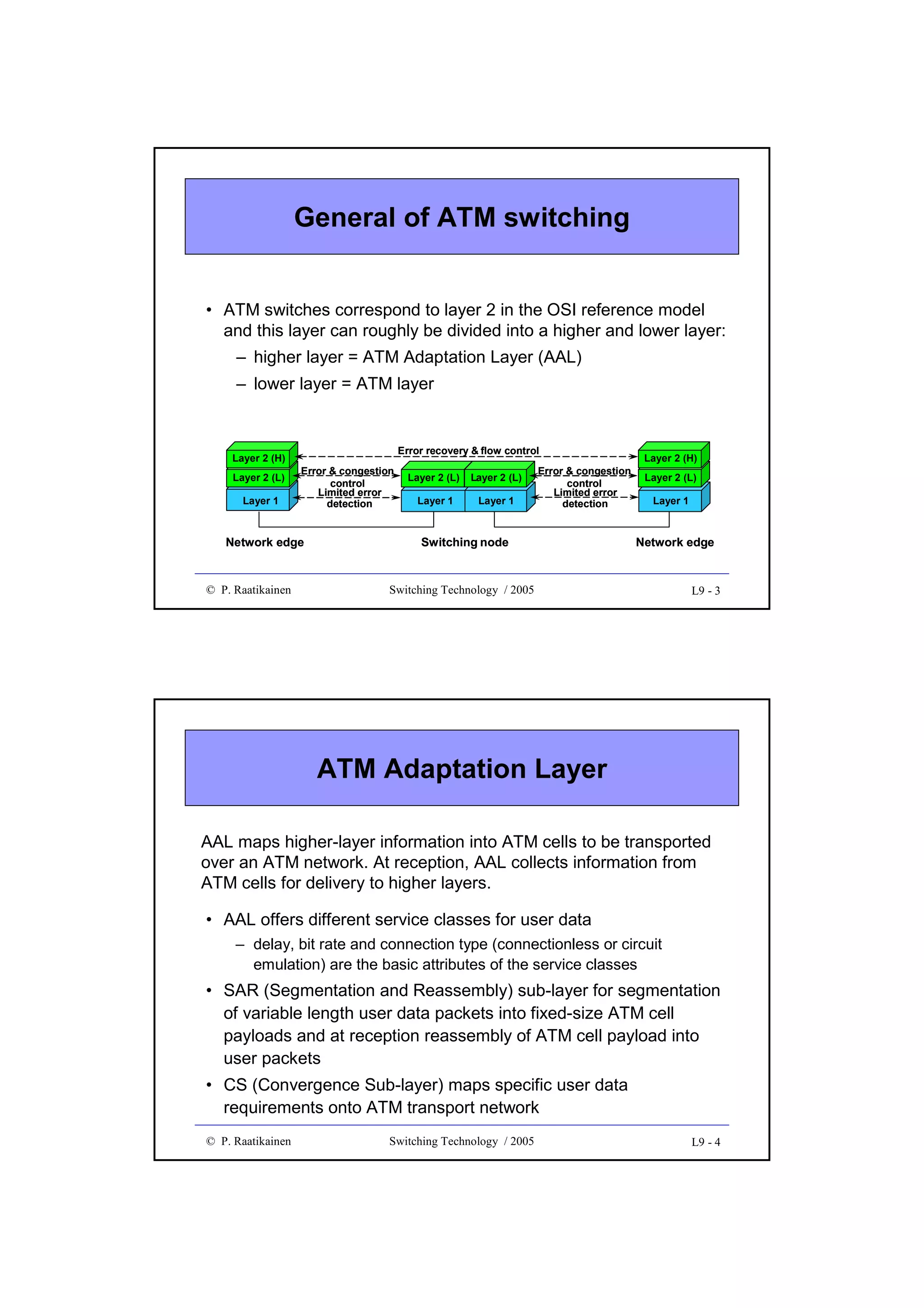 General of ATM switching
• ATM switches correspond to layer 2 in the OSI reference model
and this layer can roughly be divided into a higher and lower layer:
– higher layer = ATM Adaptation Layer (AAL)
– lower layer = ATM layer

Layer 2 (H)
Layer 2 (L)
Layer 1

Error recovery & flow control
Error & congestion
control
Limited error
detection

Network edge

© P. Raatikainen

Layer 2 (L)

Layer 2 (L)

Layer 1

Layer 1

Error & congestion
control
Limited error
detection

Switching node

Layer 2 (H)
Layer 2 (L)
Layer 1

Network edge

Switching Technology / 2005

L9 - 3

ATM Adaptation Layer
AAL maps higher-layer information into ATM cells to be transported
over an ATM network. At reception, AAL collects information from
ATM cells for delivery to higher layers.
• AAL offers different service classes for user data
– delay, bit rate and connection type (connectionless or circuit
emulation) are the basic attributes of the service classes

• SAR (Segmentation and Reassembly) sub-layer for segmentation
of variable length user data packets into fixed-size ATM cell
payloads and at reception reassembly of ATM cell payload into
user packets
• CS (Convergence Sub-layer) maps specific user data
requirements onto ATM transport network
© P. Raatikainen

Switching Technology / 2005

L9 - 4

 