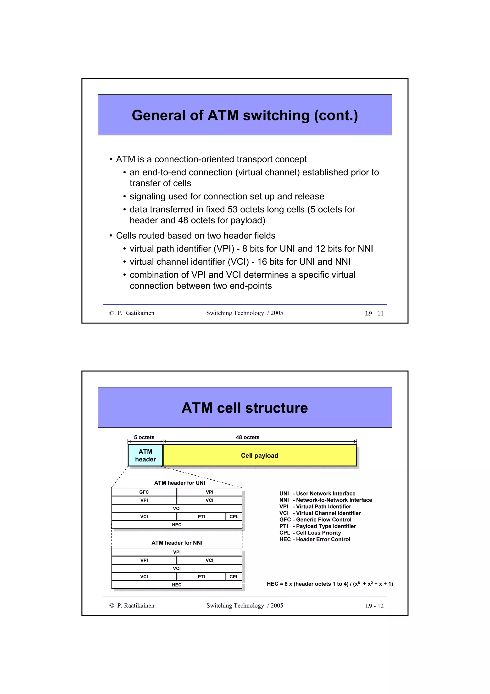 General of ATM switching (cont.)
• ATM is a connection-oriented transport concept
• an end-to-end connection (virtual channel) established prior to
transfer of cells
• signaling used for connection set up and release
• data transferred in fixed 53 octets long cells (5 octets for
header and 48 octets for payload)
• Cells routed based on two header fields
• virtual path identifier (VPI) - 8 bits for UNI and 12 bits for NNI
• virtual channel identifier (VCI) - 16 bits for UNI and NNI
• combination of VPI and VCI determines a specific virtual
connection between two end-points
© P. Raatikainen

Switching Technology / 2005

L9 - 11

ATM cell structure
5 octets

48 octets

ATM
ATM
header
header

Cell payload
Cell payload

ATM header for UNI
GFC
GFC
VPI
VPI
VCI
VCI

VCI
VCI
HEC
HEC

VPI
VPI
VCI
VCI
PTI
PTI

CPL
CPL

ATM header for NNI
VPI
VPI
VCI
VCI

© P. Raatikainen

VPI
VPI
VCI
VCI
HEC
HEC

UNI
NNI
VPI
VCI
GFC
PTI
CPL
HEC

- User Network Interface
- Network-to-Network Interface
- Virtual Path Identifier
- Virtual Channel Identifier
- Generic Flow Control
- Payload Type Identifier
- Cell Loss Priority
- Header Error Control

VCI
VCI
PTI
PTI

CPL
CPL

HEC = 8 x (header octets 1 to 4) / (x8 + x2 + x + 1)

Switching Technology / 2005

L9 - 12

 