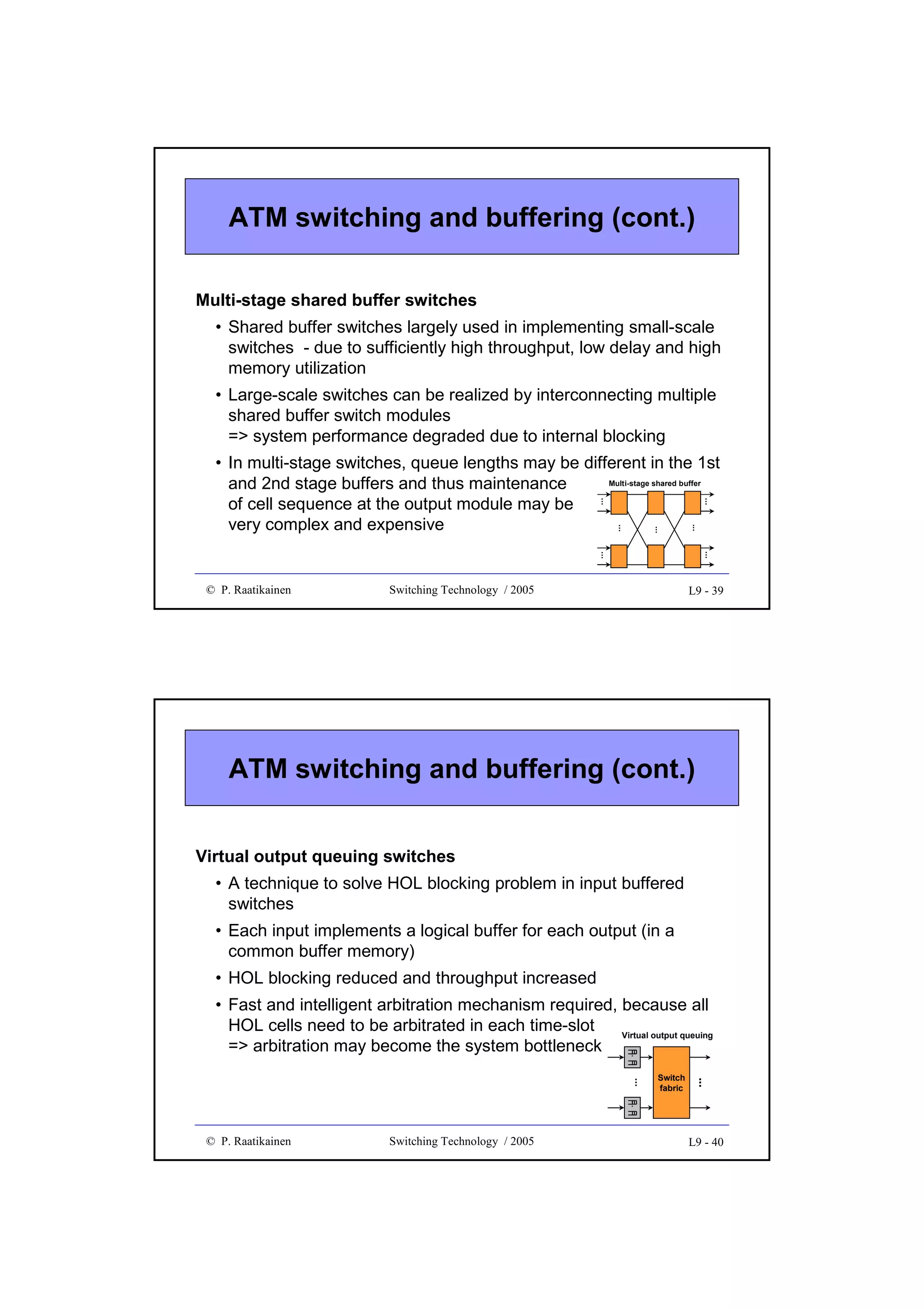 ATM switching and buffering (cont.)
Multi-stage shared buffer switches
• Shared buffer switches largely used in implementing small-scale
switches - due to sufficiently high throughput, low delay and high
memory utilization
• Large-scale switches can be realized by interconnecting multiple
shared buffer switch modules
=> system performance degraded due to internal blocking

...

...

...

...

...

...

...

• In multi-stage switches, queue lengths may be different in the 1st
Multi-stage shared buffer
and 2nd stage buffers and thus maintenance
of cell sequence at the output module may be
very complex and expensive

© P. Raatikainen

Switching Technology / 2005

L9 - 39

ATM switching and buffering (cont.)
Virtual output queuing switches
• A technique to solve HOL blocking problem in input buffered
switches
• Each input implements a logical buffer for each output (in a
common buffer memory)
• HOL blocking reduced and throughput increased

...

Switch
fabric

...

...

...

• Fast and intelligent arbitration mechanism required, because all
HOL cells need to be arbitrated in each time-slot
Virtual output queuing
=> arbitration may become the system bottleneck

© P. Raatikainen

Switching Technology / 2005

L9 - 40

 