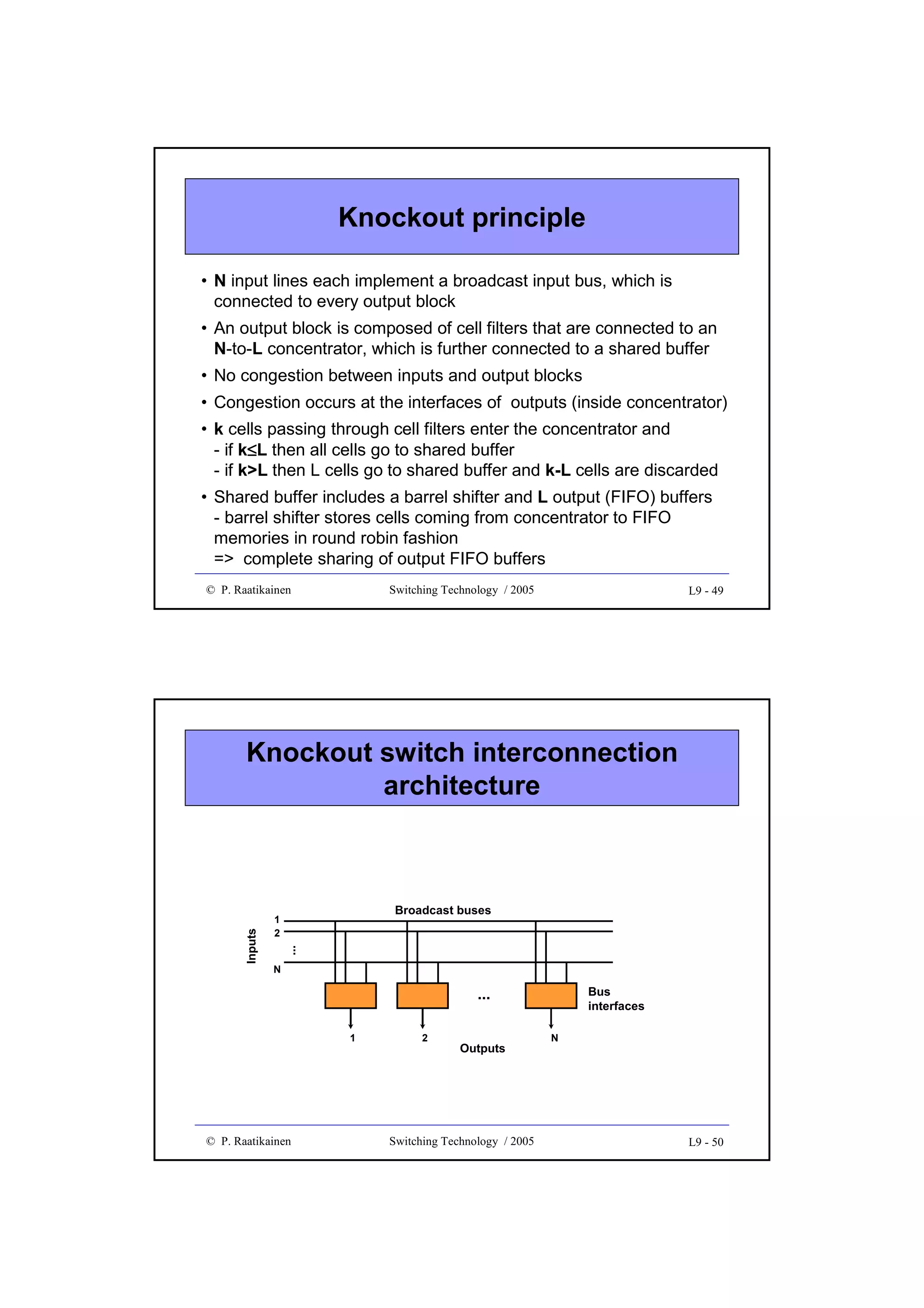 Knockout principle
• N input lines each implement a broadcast input bus, which is
connected to every output block
• An output block is composed of cell filters that are connected to an
N-to-L concentrator, which is further connected to a shared buffer
• No congestion between inputs and output blocks
• Congestion occurs at the interfaces of outputs (inside concentrator)
• k cells passing through cell filters enter the concentrator and
- if k≤L then all cells go to shared buffer
≤
- if k>L then L cells go to shared buffer and k-L cells are discarded
• Shared buffer includes a barrel shifter and L output (FIFO) buffers
- barrel shifter stores cells coming from concentrator to FIFO
memories in round robin fashion
=> complete sharing of output FIFO buffers
© P. Raatikainen

Switching Technology / 2005

L9 - 49

Broadcast buses

1
2

...

Inputs

Knockout switch interconnection
architecture

N

...
1

© P. Raatikainen

2

Outputs

Switching Technology / 2005

Bus
interfaces
N

L9 - 50

 