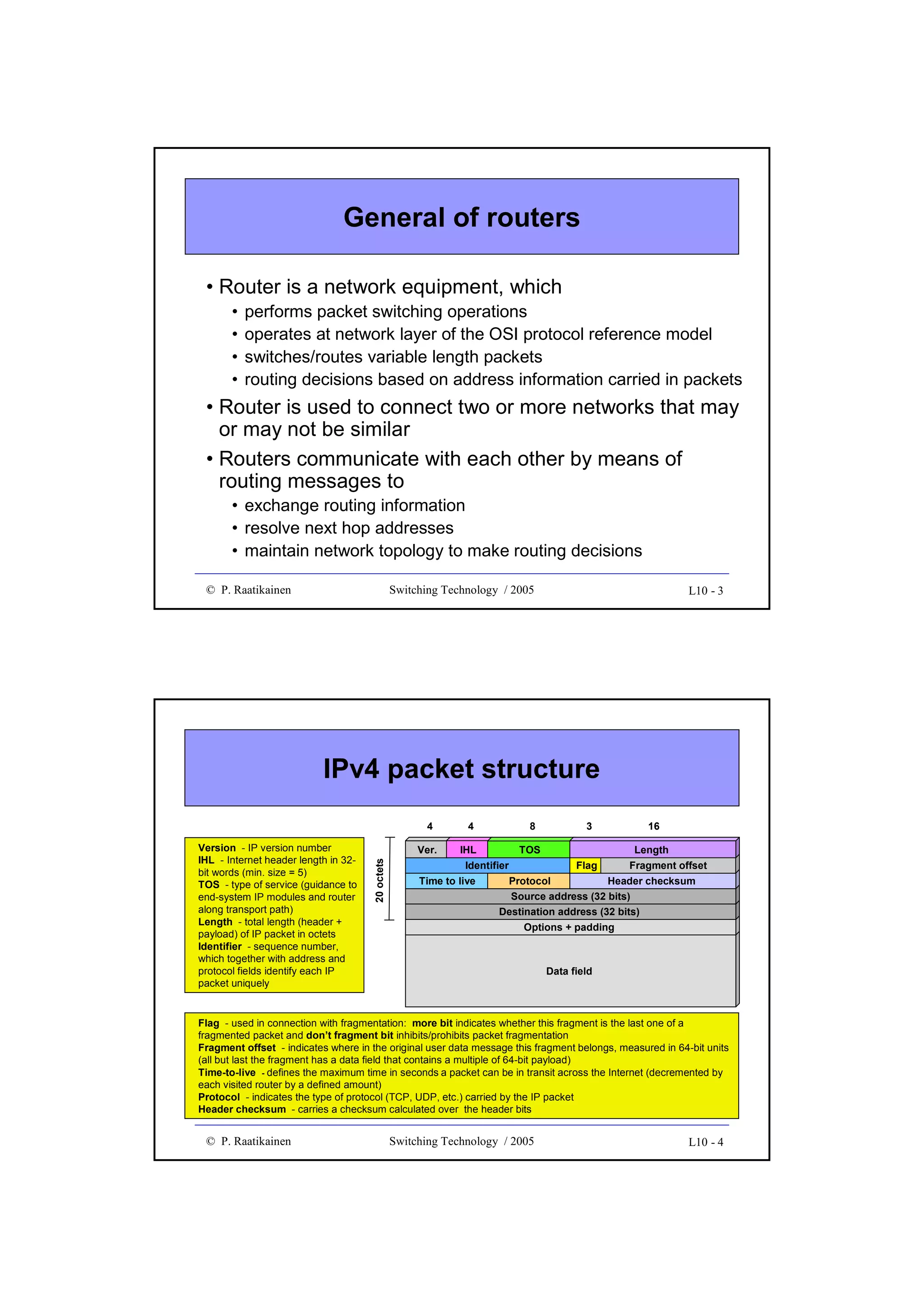 General of routers
• Router is a network equipment, which
•
•
•
•

performs packet switching operations
operates at network layer of the OSI protocol reference model
switches/routes variable length packets
routing decisions based on address information carried in packets

• Router is used to connect two or more networks that may
or may not be similar
• Routers communicate with each other by means of
routing messages to
• exchange routing information
• resolve next hop addresses
• maintain network topology to make routing decisions
© P. Raatikainen

Switching Technology / 2005

L10 - 3

IPv4 packet structure
4

8

Ver.
20 octets

4
Version - IP version number
IHL - Internet header length in 32bit words (min. size = 5)
TOS - type of service (guidance to
end-system IP modules and router
along transport path)
Length - total length (header +
payload) of IP packet in octets
Identifier - sequence number,
which together with address and
protocol fields identify each IP
packet uniquely

IHL

TOS

Length

Identifier
Time to live

16

3
Flag

Protocol

Fragment offset
Header checksum

Source address (32 bits)
Destination address (32 bits)
Options + padding

Data field

Flag - used in connection with fragmentation: more bit indicates whether this fragment is the last one of a
fragmented packet and don’t fragment bit inhibits/prohibits packet fragmentation
Fragment offset - indicates where in the original user data message this fragment belongs, measured in 64-bit units
(all but last the fragment has a data field that contains a multiple of 64-bit payload)
Time-to-live - defines the maximum time in seconds a packet can be in transit across the Internet (decremented by
each visited router by a defined amount)
Protocol - indicates the type of protocol (TCP, UDP, etc.) carried by the IP packet
Header checksum - carries a checksum calculated over the header bits

© P. Raatikainen

Switching Technology / 2005

L10 - 4

 