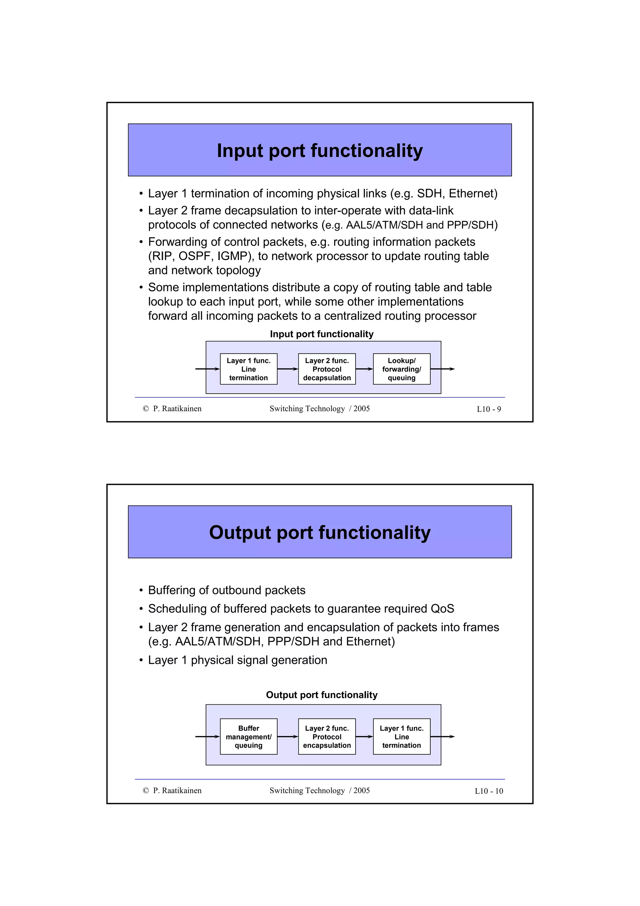 Input port functionality
• Layer 1 termination of incoming physical links (e.g. SDH, Ethernet)
• Layer 2 frame decapsulation to inter-operate with data-link
protocols of connected networks (e.g. AAL5/ATM/SDH and PPP/SDH)
• Forwarding of control packets, e.g. routing information packets
(RIP, OSPF, IGMP), to network processor to update routing table
and network topology
• Some implementations distribute a copy of routing table and table
lookup to each input port, while some other implementations
forward all incoming packets to a centralized routing processor
Input port functionality
Layer 1 func.
Line
termination

© P. Raatikainen

Layer 2 func.
Protocol
decapsulation

Lookup/
forwarding/
queuing

Switching Technology / 2005

L10 - 9

Output port functionality
• Buffering of outbound packets
• Scheduling of buffered packets to guarantee required QoS
• Layer 2 frame generation and encapsulation of packets into frames
(e.g. AAL5/ATM/SDH, PPP/SDH and Ethernet)
• Layer 1 physical signal generation
Output port functionality
Buffer
management/
queuing

© P. Raatikainen

Layer 2 func.
Protocol
encapsulation

Switching Technology / 2005

Layer 1 func.
Line
termination

L10 - 10

 