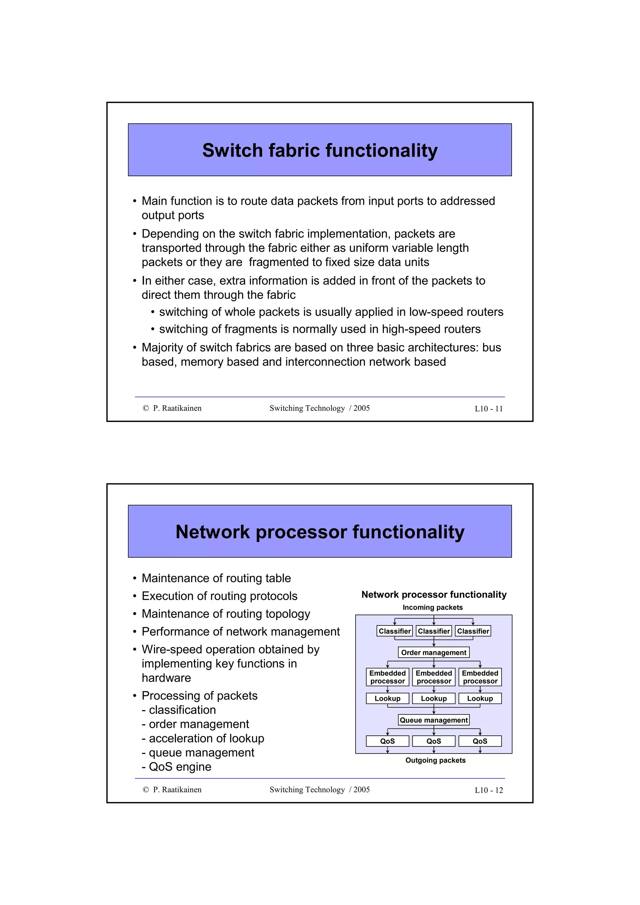 Switch fabric functionality
• Main function is to route data packets from input ports to addressed
output ports
• Depending on the switch fabric implementation, packets are
transported through the fabric either as uniform variable length
packets or they are fragmented to fixed size data units
• In either case, extra information is added in front of the packets to
direct them through the fabric
• switching of whole packets is usually applied in low-speed routers
• switching of fragments is normally used in high-speed routers
• Majority of switch fabrics are based on three basic architectures: bus
based, memory based and interconnection network based

© P. Raatikainen

Switching Technology / 2005

L10 - 11

Network processor functionality
• Maintenance of routing table
• Execution of routing protocols
• Maintenance of routing topology
• Performance of network management
• Wire-speed operation obtained by
implementing key functions in
hardware

Network processor functionality
Incoming packets
Classifier Classifier

Order management
Embedded
processor

Embedded
processor

Embedded
processor

Lookup

Lookup

Lookup

• Processing of packets
- classification
- order management
- acceleration of lookup
- queue management
- QoS engine
© P. Raatikainen

Classifier

Queue management
QoS

QoS

QoS

Outgoing packets

Switching Technology / 2005

L10 - 12

 