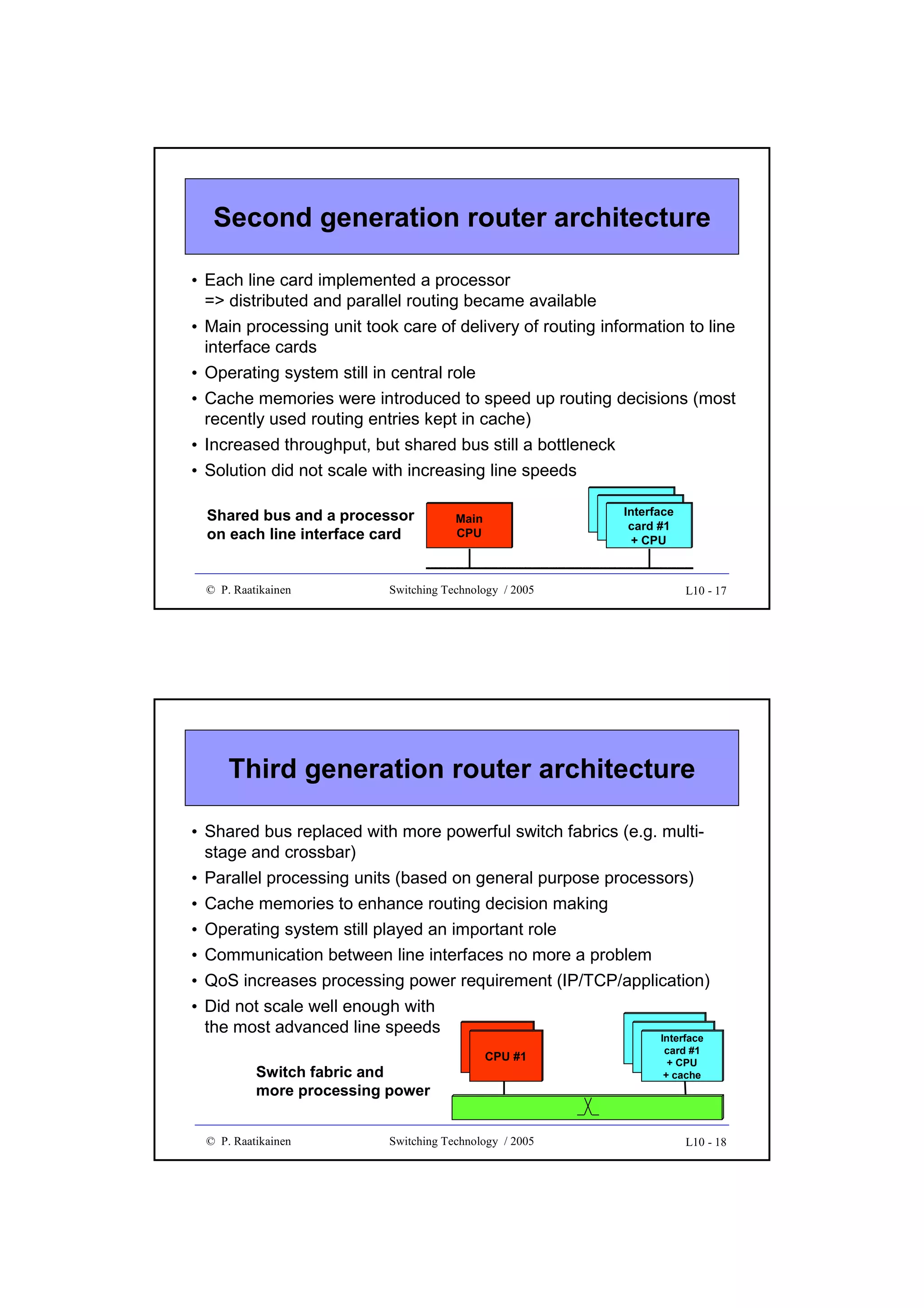 Second generation router architecture
• Each line card implemented a processor
=> distributed and parallel routing became available
• Main processing unit took care of delivery of routing information to line
interface cards
• Operating system still in central role
• Cache memories were introduced to speed up routing decisions (most
recently used routing entries kept in cache)
• Increased throughput, but shared bus still a bottleneck
• Solution did not scale with increasing line speeds
Shared bus and a processor
on each line interface card

© P. Raatikainen

Interface
Interface
Interface
card #1
card #1
card #1
+ CPU

Main
CPU

Switching Technology / 2005

L10 - 17

Third generation router architecture
• Shared bus replaced with more powerful switch fabrics (e.g. multistage and crossbar)
•
•
•
•
•

Parallel processing units (based on general purpose processors)
Cache memories to enhance routing decision making
Operating system still played an important role
Communication between line interfaces no more a problem
QoS increases processing power requirement (IP/TCP/application)

• Did not scale well enough with
the most advanced line speeds
Switch fabric and
more processing power
© P. Raatikainen

CPU
CPU #1

Switching Technology / 2005

Interface
Interface
Interface
card #1 #1
card
card #1
+ CPU
+ cache

L10 - 18

 