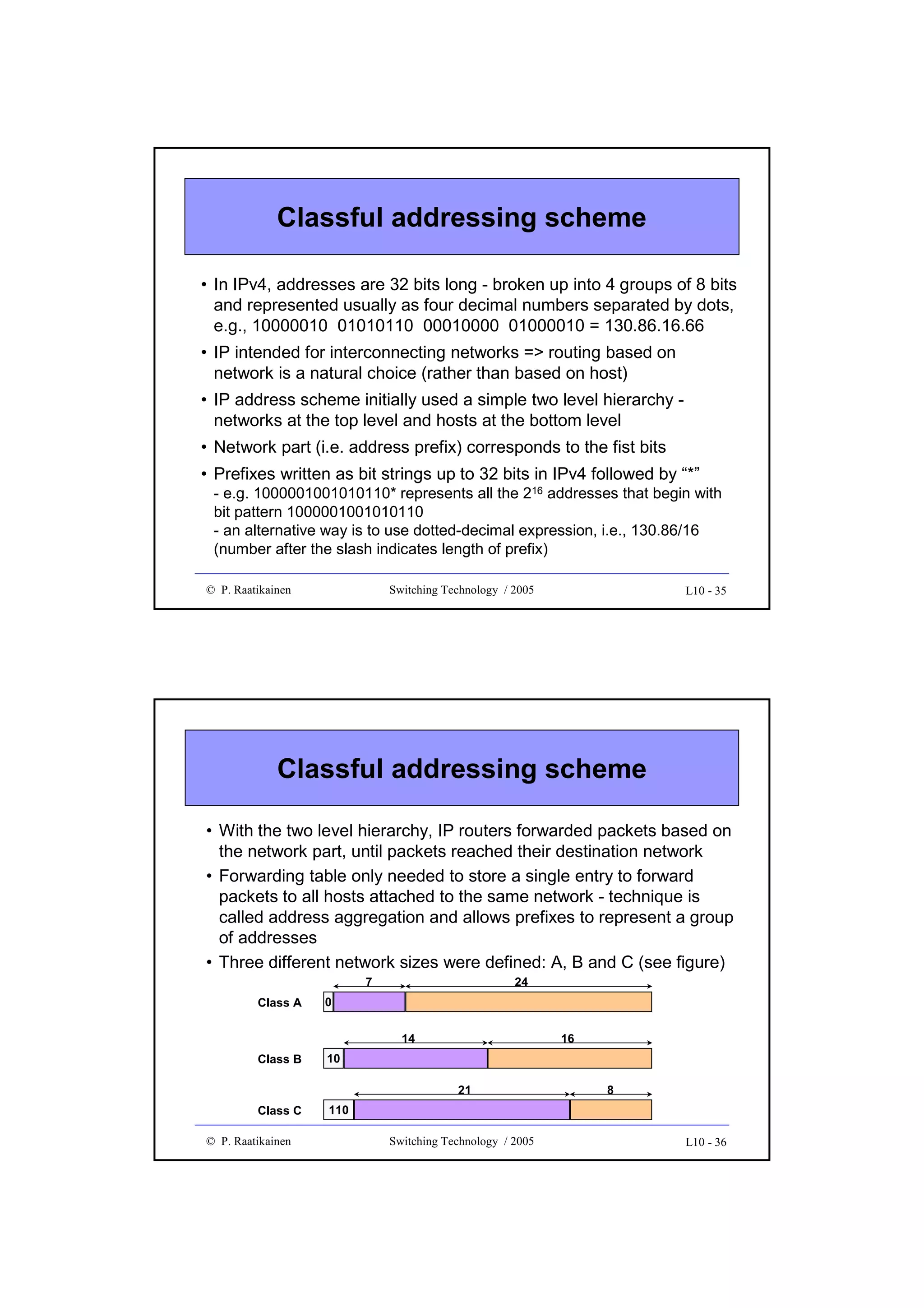 Classful addressing scheme
• In IPv4, addresses are 32 bits long - broken up into 4 groups of 8 bits
and represented usually as four decimal numbers separated by dots,
e.g., 10000010 01010110 00010000 01000010 = 130.86.16.66
• IP intended for interconnecting networks => routing based on
network is a natural choice (rather than based on host)
• IP address scheme initially used a simple two level hierarchy networks at the top level and hosts at the bottom level
• Network part (i.e. address prefix) corresponds to the fist bits
• Prefixes written as bit strings up to 32 bits in IPv4 followed by “*”
- e.g. 1000001001010110* represents all the 216 addresses that begin with
bit pattern 1000001001010110
- an alternative way is to use dotted-decimal expression, i.e., 130.86/16
(number after the slash indicates length of prefix)
© P. Raatikainen

Switching Technology / 2005

L10 - 35

Classful addressing scheme
• With the two level hierarchy, IP routers forwarded packets based on
the network part, until packets reached their destination network
• Forwarding table only needed to store a single entry to forward
packets to all hosts attached to the same network - technique is
called address aggregation and allows prefixes to represent a group
of addresses
• Three different network sizes were defined: A, B and C (see figure)
7
Class A

24

0
14

Class B

10

Class C

16

110

21

© P. Raatikainen

Switching Technology / 2005

8

L10 - 36

 