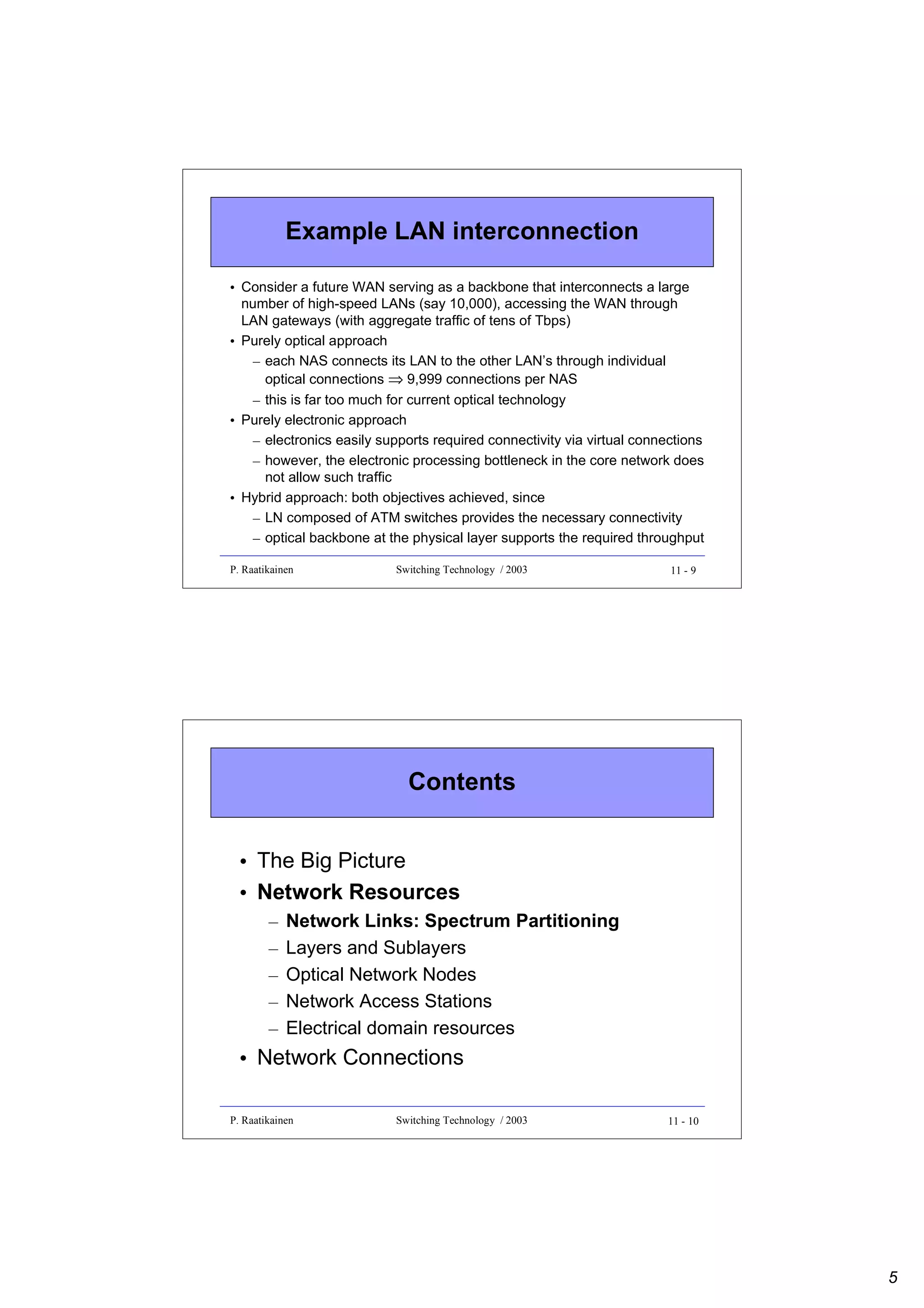 Example LAN interconnection
• Consider a future WAN serving as a backbone that interconnects a large
number of high-speed LANs (say 10,000), accessing the WAN through
LAN gateways (with aggregate traffic of tens of Tbps)
• Purely optical approach
– each NAS connects its LAN to the other LAN’s through individual
optical connections ⇒ 9,999 connections per NAS
– this is far too much for current optical technology
• Purely electronic approach
– electronics easily supports required connectivity via virtual connections
– however, the electronic processing bottleneck in the core network does
not allow such traffic
• Hybrid approach: both objectives achieved, since
– LN composed of ATM switches provides the necessary connectivity
– optical backbone at the physical layer supports the required throughput
P. Raatikainen

Switching Technology / 2003

11 - 9

Contents
• The Big Picture
• Network Resources
–
–
–
–
–

Network Links: Spectrum Partitioning
Layers and Sublayers
Optical Network Nodes
Network Access Stations
Electrical domain resources

• Network Connections
P. Raatikainen

Switching Technology / 2003

11 - 10

5

 