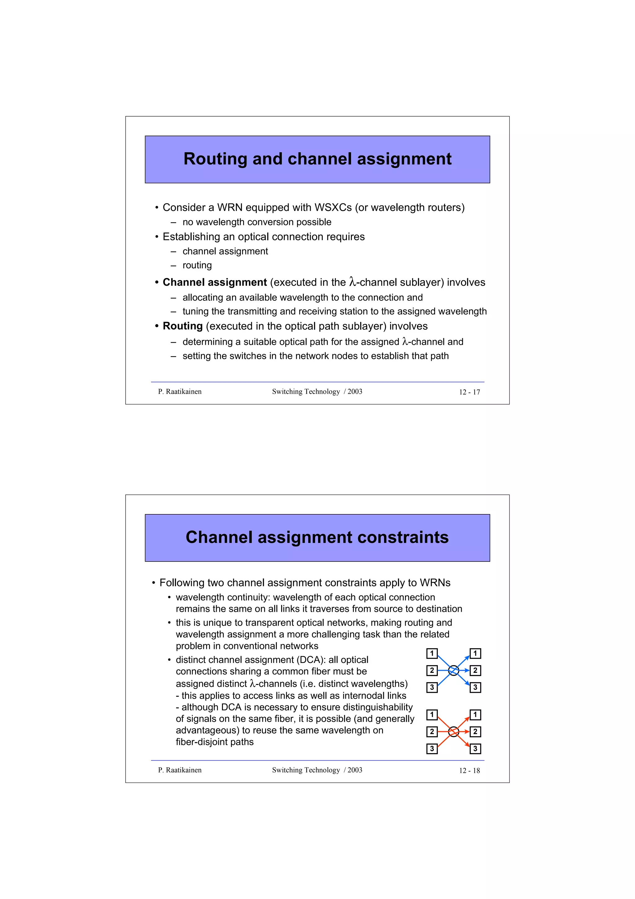 Routing and channel assignment
• Consider a WRN equipped with WSXCs (or wavelength routers)
– no wavelength conversion possible

• Establishing an optical connection requires
– channel assignment
– routing

• Channel assignment (executed in the λ-channel sublayer) involves
– allocating an available wavelength to the connection and
– tuning the transmitting and receiving station to the assigned wavelength

• Routing (executed in the optical path sublayer) involves
– determining a suitable optical path for the assigned λ-channel and
– setting the switches in the network nodes to establish that path

P. Raatikainen

Switching Technology / 2003

12 - 17

Channel assignment constraints
• Following two channel assignment constraints apply to WRNs
• wavelength continuity: wavelength of each optical connection
remains the same on all links it traverses from source to destination
• this is unique to transparent optical networks, making routing and
wavelength assignment a more challenging task than the related
problem in conventional networks
1
• distinct channel assignment (DCA): all optical
2
connections sharing a common fiber must be
assigned distinct λ-channels (i.e. distinct wavelengths)
3
- this applies to access links as well as internodal links
- although DCA is necessary to ensure distinguishability
1
of signals on the same fiber, it is possible (and generally
advantageous) to reuse the same wavelength on
2
fiber-disjoint paths
3

P. Raatikainen

Switching Technology / 2003

1
2
3
1
2
3

12 - 18

 