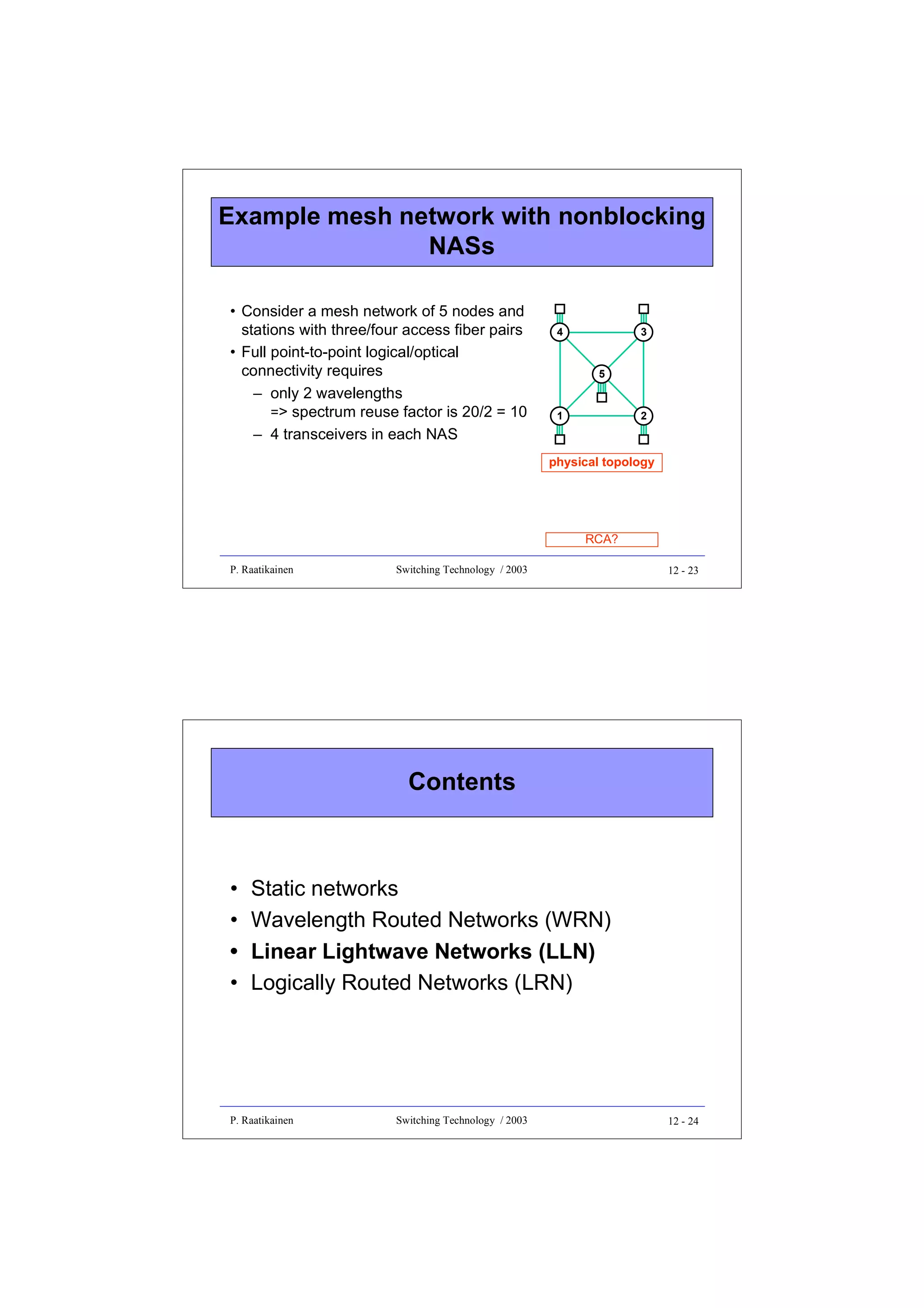 Example mesh network with nonblocking
NASs
• Consider a mesh network of 5 nodes and
stations with three/four access fiber pairs
• Full point-to-point logical/optical
connectivity requires
– only 2 wavelengths
=> spectrum reuse factor is 20/2 = 10
– 4 transceivers in each NAS

4

3
5

1

2

physical topology

RCA?
P. Raatikainen

Switching Technology / 2003

12 - 23

Contents

•
•
•
•

Static networks
Wavelength Routed Networks (WRN)
Linear Lightwave Networks (LLN)
Logically Routed Networks (LRN)

P. Raatikainen

Switching Technology / 2003

12 - 24

 