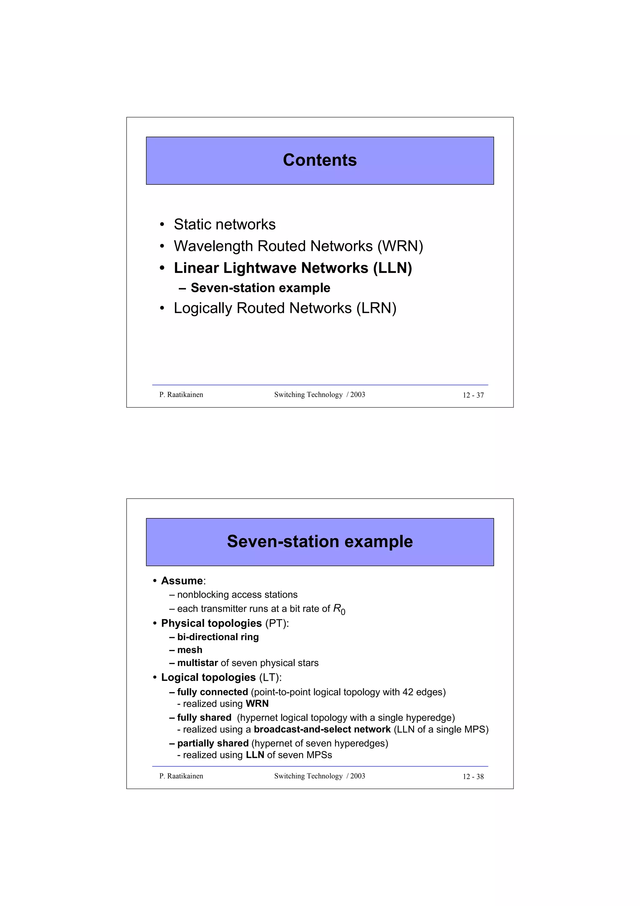 Contents

• Static networks
• Wavelength Routed Networks (WRN)
• Linear Lightwave Networks (LLN)
– Seven-station example

• Logically Routed Networks (LRN)

P. Raatikainen

Switching Technology / 2003

12 - 37

Seven-station example
• Assume:
– nonblocking access stations
– each transmitter runs at a bit rate of R0

• Physical topologies (PT):

– bi-directional ring
– mesh
– multistar of seven physical stars

• Logical topologies (LT):
– fully connected (point-to-point logical topology with 42 edges)
- realized using WRN
– fully shared (hypernet logical topology with a single hyperedge)
- realized using a broadcast-and-select network (LLN of a single MPS)
– partially shared (hypernet of seven hyperedges)
- realized using LLN of seven MPSs
P. Raatikainen

Switching Technology / 2003

12 - 38

 