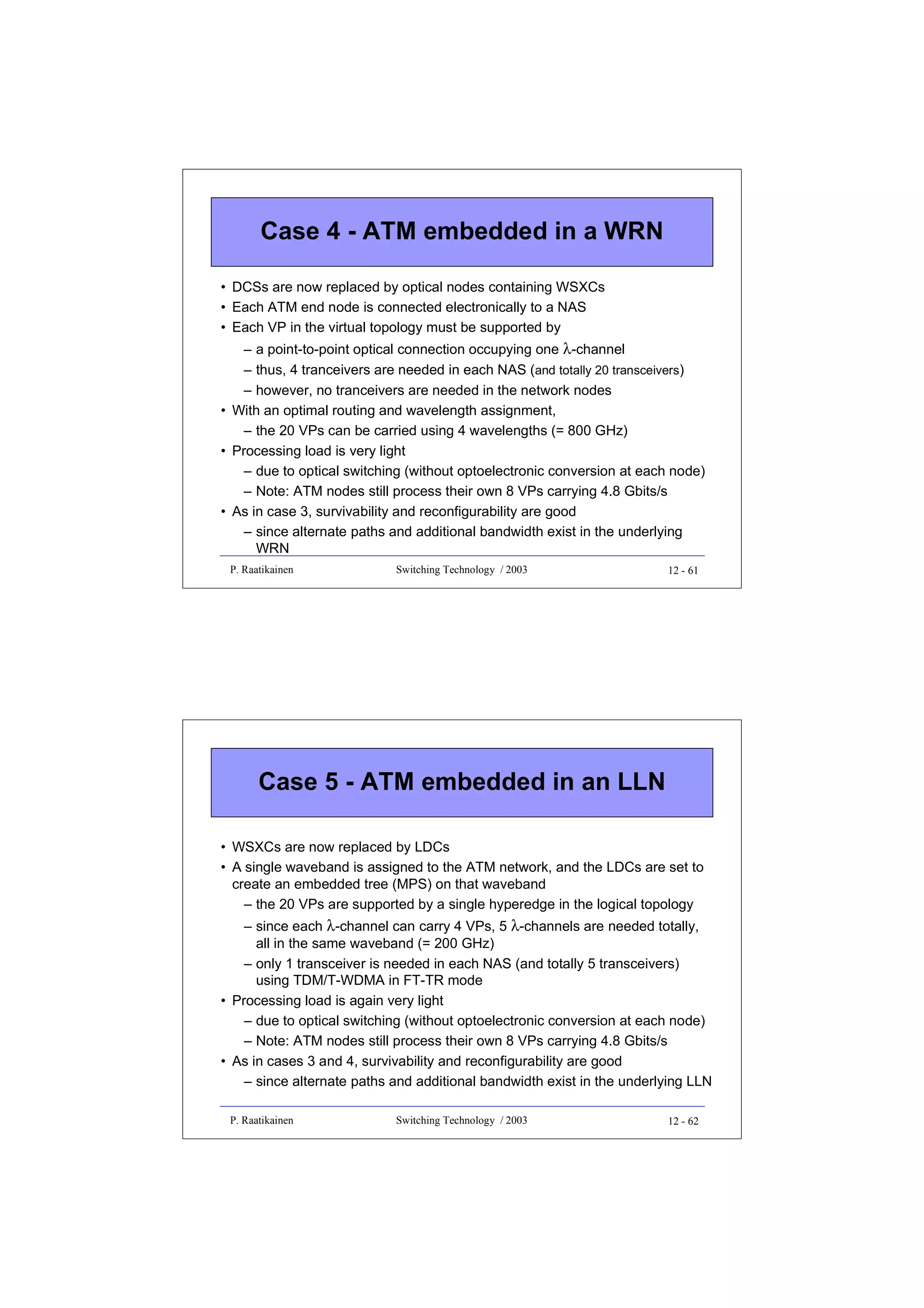 Case 4 - ATM embedded in a WRN
• DCSs are now replaced by optical nodes containing WSXCs
• Each ATM end node is connected electronically to a NAS
• Each VP in the virtual topology must be supported by
– a point-to-point optical connection occupying one λ-channel
– thus, 4 tranceivers are needed in each NAS (and totally 20 transceivers)
– however, no tranceivers are needed in the network nodes
• With an optimal routing and wavelength assignment,
– the 20 VPs can be carried using 4 wavelengths (= 800 GHz)
• Processing load is very light
– due to optical switching (without optoelectronic conversion at each node)
– Note: ATM nodes still process their own 8 VPs carrying 4.8 Gbits/s
• As in case 3, survivability and reconfigurability are good
– since alternate paths and additional bandwidth exist in the underlying
WRN
P. Raatikainen

Switching Technology / 2003

12 - 61

Case 5 - ATM embedded in an LLN
• WSXCs are now replaced by LDCs
• A single waveband is assigned to the ATM network, and the LDCs are set to
create an embedded tree (MPS) on that waveband
– the 20 VPs are supported by a single hyperedge in the logical topology
– since each λ-channel can carry 4 VPs, 5 λ-channels are needed totally,
all in the same waveband (= 200 GHz)
– only 1 transceiver is needed in each NAS (and totally 5 transceivers)
using TDM/T-WDMA in FT-TR mode
• Processing load is again very light
– due to optical switching (without optoelectronic conversion at each node)
– Note: ATM nodes still process their own 8 VPs carrying 4.8 Gbits/s
• As in cases 3 and 4, survivability and reconfigurability are good
– since alternate paths and additional bandwidth exist in the underlying LLN
P. Raatikainen

Switching Technology / 2003

12 - 62

 