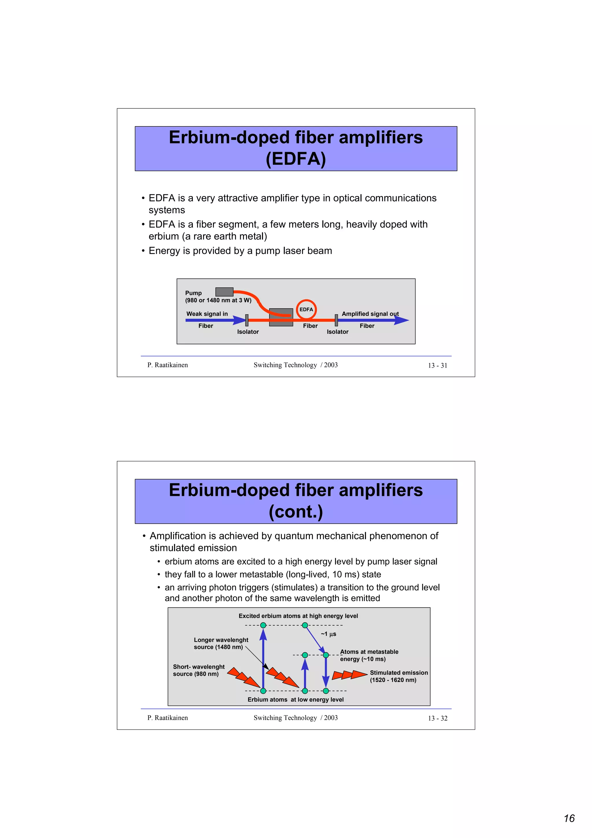 Erbium-doped fiber amplifiers
(EDFA)
• EDFA is a very attractive amplifier type in optical communications
systems
• EDFA is a fiber segment, a few meters long, heavily doped with
erbium (a rare earth metal)
• Energy is provided by a pump laser beam

Pump
(980 or 1480 nm at 3 W)
EDFA

Weak signal in
Fiber

Isolator

P. Raatikainen

Fiber

Amplified signal out
Isolator

Fiber

Switching Technology / 2003

13 - 31

Erbium-doped fiber amplifiers
(cont.)
• Amplification is achieved by quantum mechanical phenomenon of
stimulated emission
• erbium atoms are excited to a high energy level by pump laser signal
• they fall to a lower metastable (long-lived, 10 ms) state
• an arriving photon triggers (stimulates) a transition to the ground level
and another photon of the same wavelength is emitted
Excited erbium atoms at high energy level

Longer wavelenght
source (1480 nm)

~1 µs
Atoms at metastable
energy (~10 ms)

Short- wavelenght
source (980 nm)

Stimulated emission
(1520 - 1620 nm)
Erbium atoms at low energy level

P. Raatikainen

Switching Technology / 2003

13 - 32

16

 