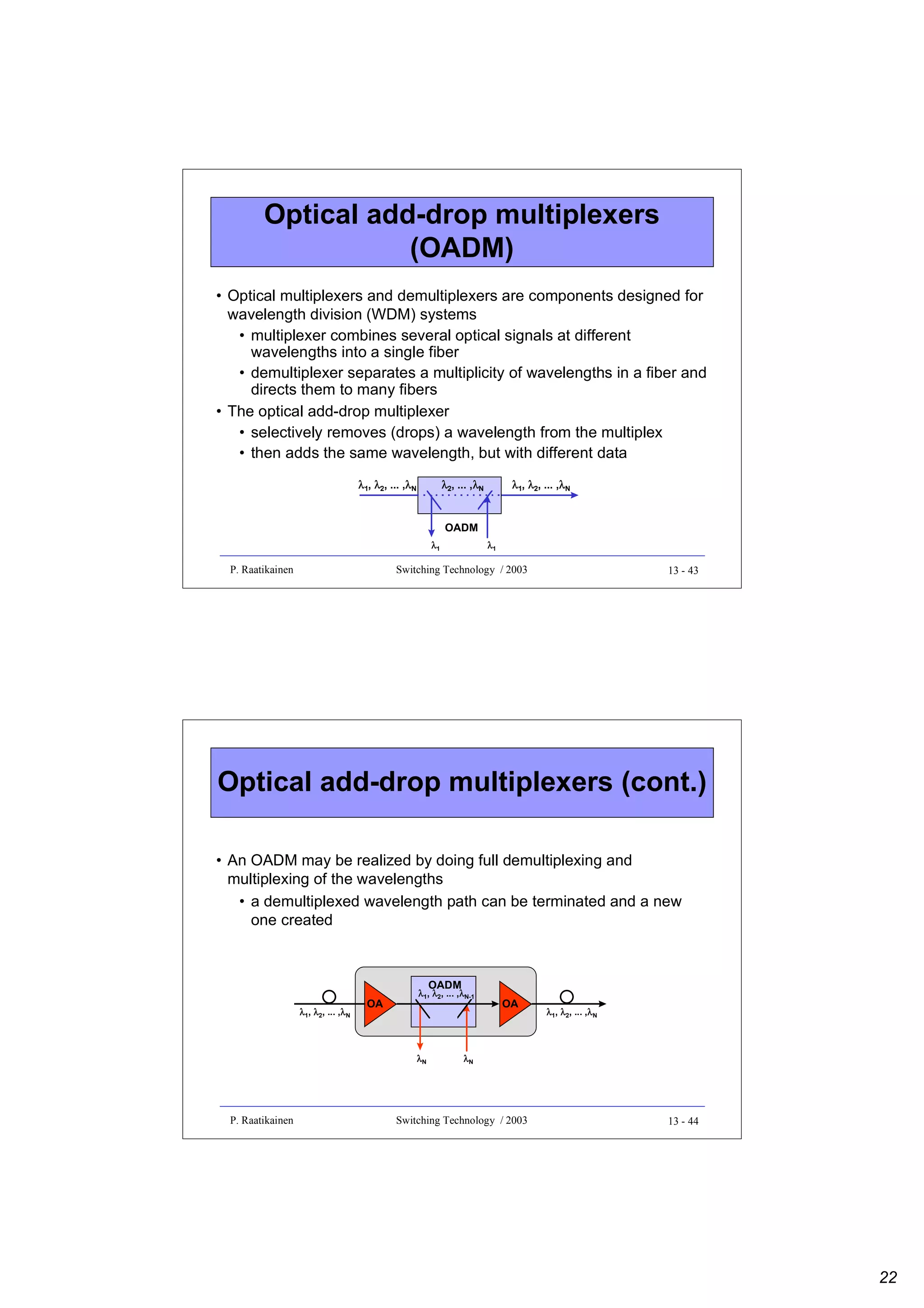 Optical add-drop multiplexers
(OADM)
• Optical multiplexers and demultiplexers are components designed for
wavelength division (WDM) systems
• multiplexer combines several optical signals at different
wavelengths into a single fiber
• demultiplexer separates a multiplicity of wavelengths in a fiber and
directs them to many fibers
• The optical add-drop multiplexer
• selectively removes (drops) a wavelength from the multiplex
• then adds the same wavelength, but with different data
λ1, λ2, ... ,λN

λ2, ... ,λN

λ1, λ2, ... ,λN

OADM
λ1

P. Raatikainen

λ1

Switching Technology / 2003

13 - 43

Optical add-drop multiplexers (cont.)
• An OADM may be realized by doing full demultiplexing and
multiplexing of the wavelengths
• a demultiplexed wavelength path can be terminated and a new
one created

OADM

λ1, λ2, ... ,λ N
λ

OA

λ1, λ2, ... ,λN-1
λ

λN

P. Raatikainen

OA

λ1, λ2, ... ,λ N
λ

λN

Switching Technology / 2003

13 - 44

22

 