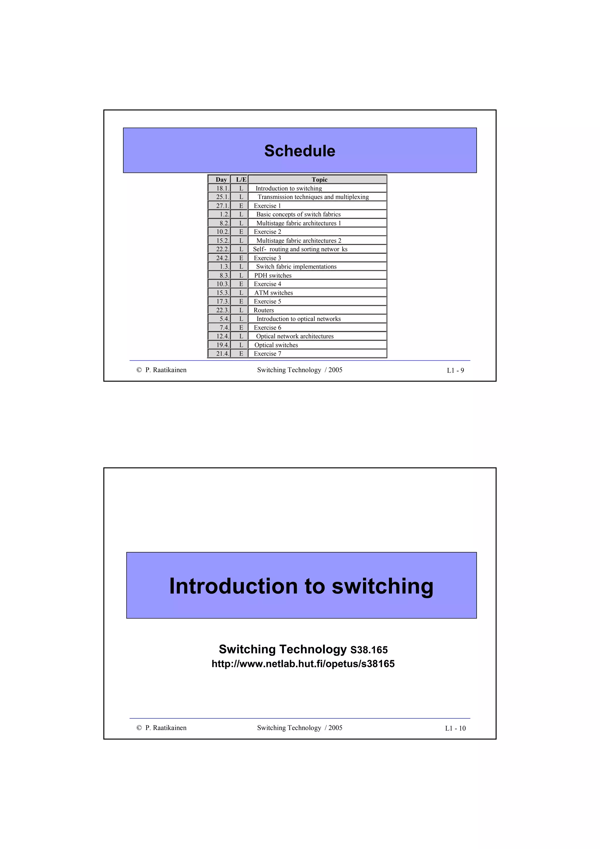Schedule
Day L/E
Topic
18.1.
L
Introduction to switching
25.1.
L
Transmission techniques and multiplexing
27.1. E
Exercise 1
1.2. L
Basic concepts of switch fabrics
8.2. L
Multistage fabric architectures 1
10.2. E
Exercise 2
15.2.
L
Multistage fabric architectures 2
22.2.
L Self- routing and sorting networ ks
24.2. E
Exercise 3
1.3. L
Switch fabric implementations
8.3. L
PDH switches
10.3. E
Exercise 4
15.3.
L
ATM switches
17.3. E
Exercise 5
22.3.
L
Routers
5.4. L
Introduction to optical networks
7.4. E
Exercise 6
12.4.
L
Optical network architectures
19.4.
L
Optical switches
21.4. E
Exercise 7

© P. Raatikainen

Switching Technology / 2005

L1 - 9

Introduction to switching
Switching Technology S38.165

http://www.netlab.hut.fi/opetus/s38165

© P. Raatikainen

Switching Technology / 2005

L1 - 10

 