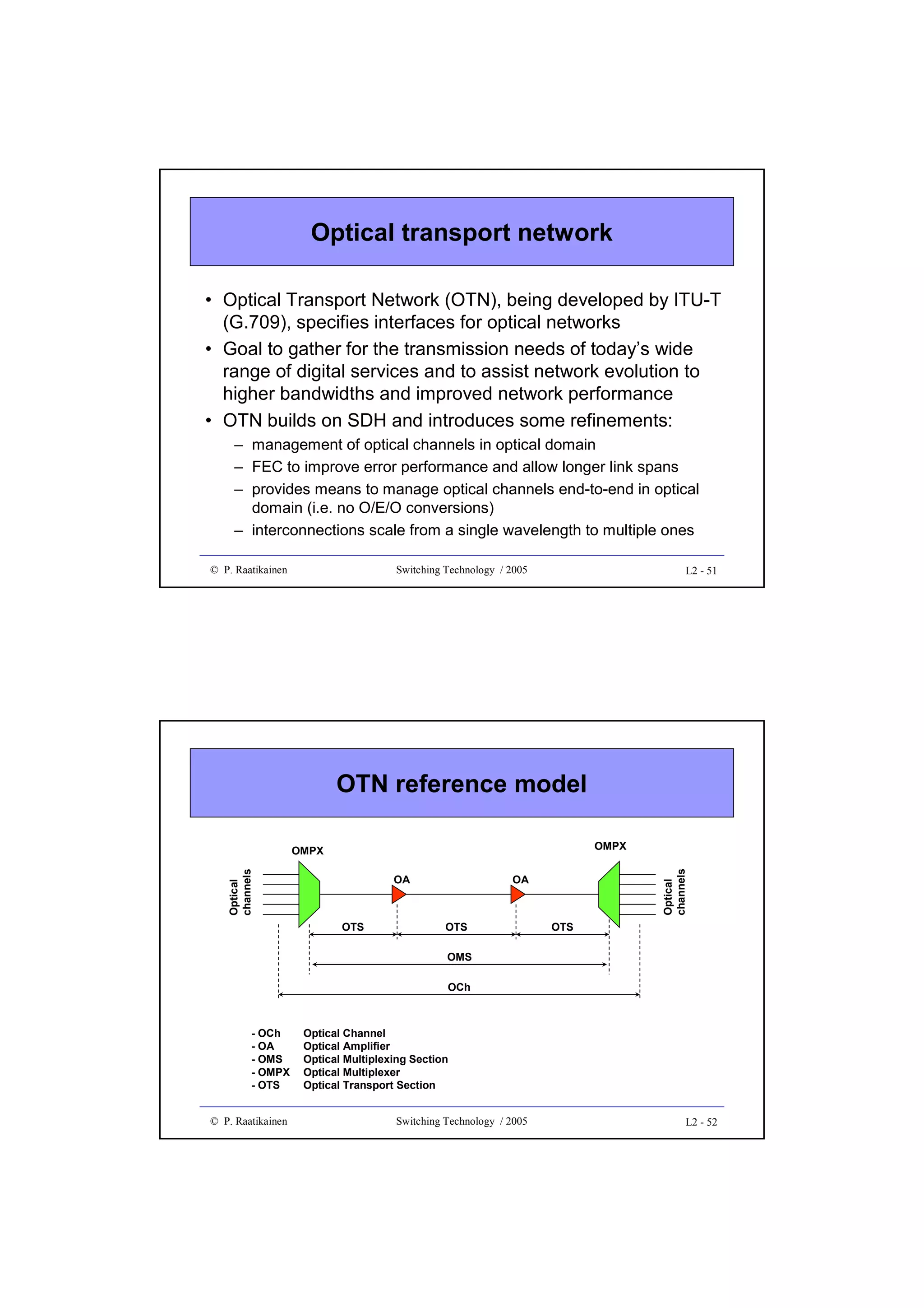 Optical transport network
• Optical Transport Network (OTN), being developed by ITU-T
(G.709), specifies interfaces for optical networks
• Goal to gather for the transmission needs of today’s wide
range of digital services and to assist network evolution to
higher bandwidths and improved network performance
• OTN builds on SDH and introduces some refinements:
– management of optical channels in optical domain
– FEC to improve error performance and allow longer link spans
– provides means to manage optical channels end-to-end in optical
domain (i.e. no O/E/O conversions)
– interconnections scale from a single wavelength to multiple ones
© P. Raatikainen

Switching Technology / 2005

L2 - 51

OTN reference model
OMPX
OA

OTS

Optical
channels

Optical
channels

OMPX
OA

OTS

OTS

OMS
OCh

- OCh
- OA
- OMS
- OMPX
- OTS
© P. Raatikainen

Optical Channel
Optical Amplifier
Optical Multiplexing Section
Optical Multiplexer
Optical Transport Section
Switching Technology / 2005

L2 - 52

 
