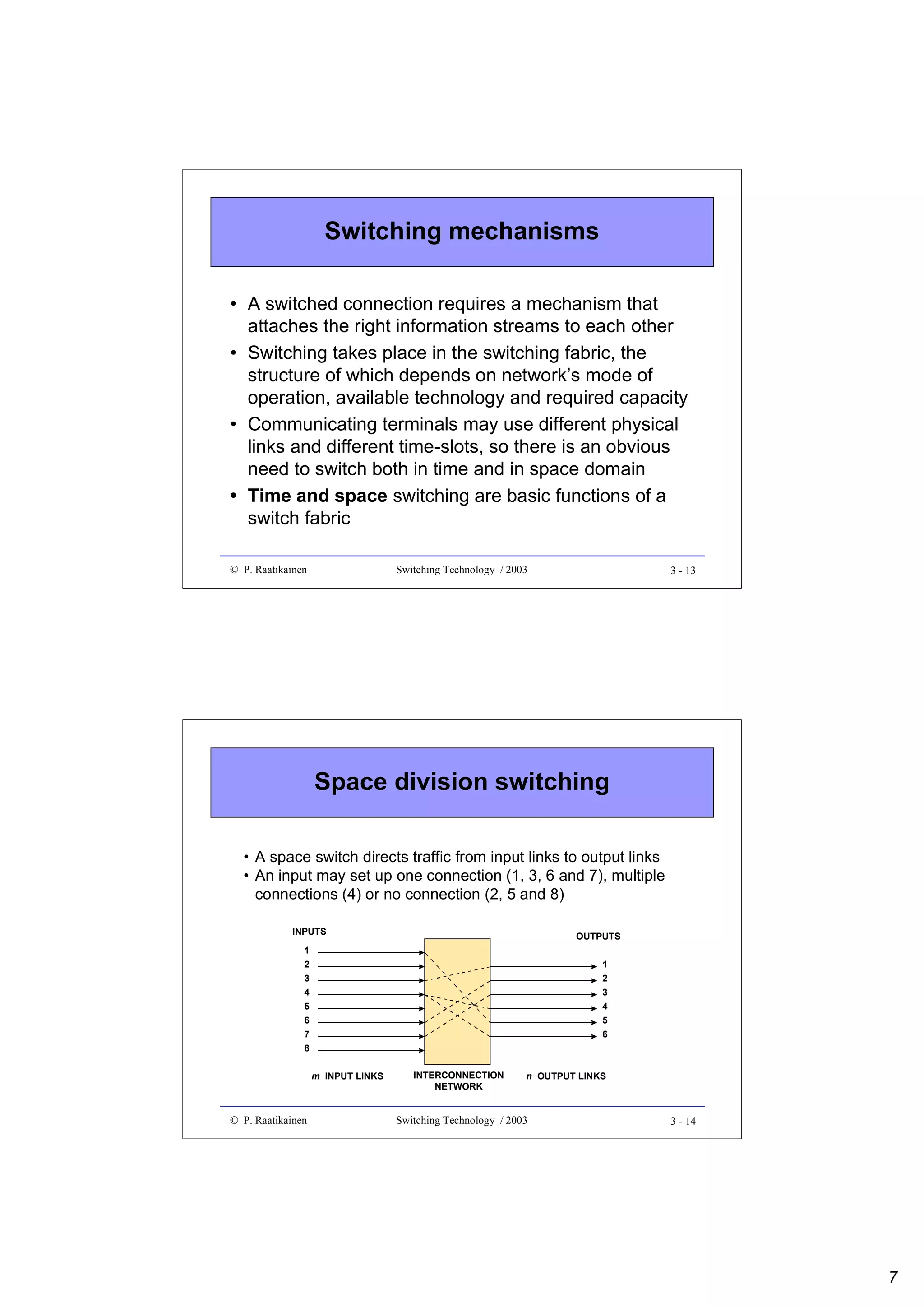 Switching mechanisms
• A switched connection requires a mechanism that
attaches the right information streams to each other
• Switching takes place in the switching fabric, the
structure of which depends on network’s mode of
operation, available technology and required capacity
• Communicating terminals may use different physical
links and different time-slots, so there is an obvious
need to switch both in time and in space domain
• Time and space switching are basic functions of a
switch fabric
© P. Raatikainen

Switching Technology / 2003

3 - 13

Space division switching
• A space switch directs traffic from input links to output links
• An input may set up one connection (1, 3, 6 and 7), multiple
connections (4) or no connection (2, 5 and 8)
INPUTS

OUTPUTS

1
2
3
4
5
6
7
8

1
2
3
4
5
6

m INPUT LINKS

© P. Raatikainen

INTERCONNECTION
NETWORK

n OUTPUT LINKS

Switching Technology / 2003

3 - 14

7

 