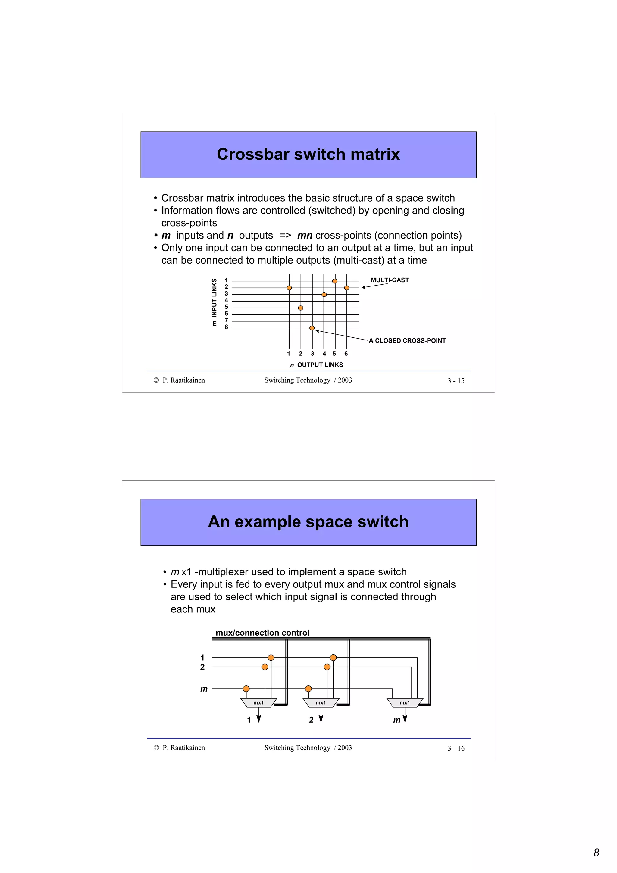 Crossbar switch matrix

m INPUT LINKS

• Crossbar matrix introduces the basic structure of a space switch
• Information flows are controlled (switched) by opening and closing
cross-points
• m inputs and n outputs => mn cross-points (connection points)
• Only one input can be connected to an output at a time, but an input
can be connected to multiple outputs (multi-cast) at a time
1
2
3
4
5
6
7
8

MULTI-CAST

A CLOSED CROSS-POINT
1

2

3

4

5

6

n OUTPUT LINKS

© P. Raatikainen

Switching Technology / 2003

3 - 15

An example space switch
• m x1 -multiplexer used to implement a space switch
• Every input is fed to every output mux and mux control signals
are used to select which input signal is connected through
each mux
mux/connection control
1
2
m
mx1

1
© P. Raatikainen

mx1

2
Switching Technology / 2003

mx1

m

3 - 16

8

 