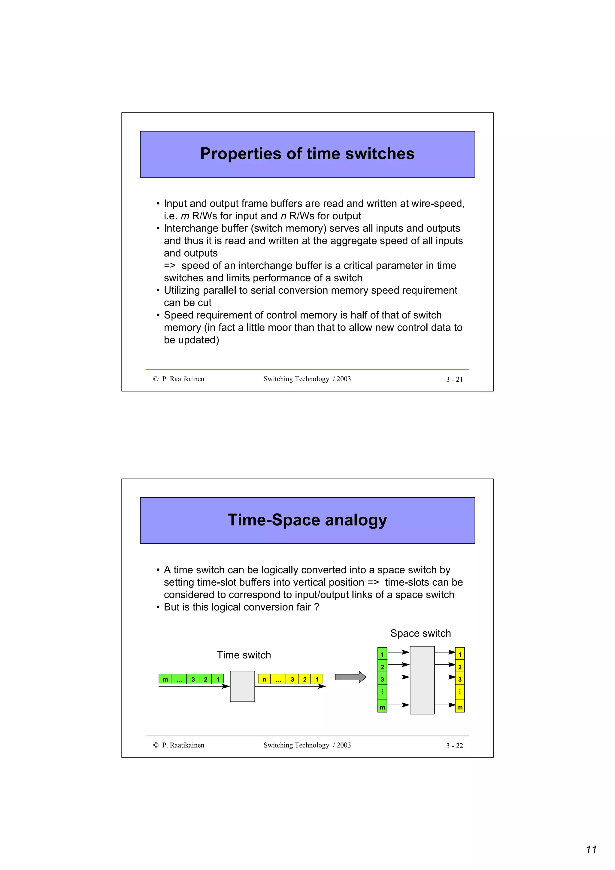 Properties of time switches
• Input and output frame buffers are read and written at wire-speed,
i.e. m R/Ws for input and n R/Ws for output
• Interchange buffer (switch memory) serves all inputs and outputs
and thus it is read and written at the aggregate speed of all inputs
and outputs
=> speed of an interchange buffer is a critical parameter in time
switches and limits performance of a switch
• Utilizing parallel to serial conversion memory speed requirement
can be cut
• Speed requirement of control memory is half of that of switch
memory (in fact a little moor than that to allow new control data to
be updated)

© P. Raatikainen

Switching Technology / 2003

3 - 21

Time-Space analogy
• A time switch can be logically converted into a space switch by
setting time-slot buffers into vertical position => time-slots can be
considered to correspond to input/output links of a space switch
• But is this logical conversion fair ?

1

…

3

2

© P. Raatikainen

1

n

…

3

2

1

Switching Technology / 2003

2
3
…

m

3

m

Time switch

1

2

…

Space switch

m

3 - 22

11

 
