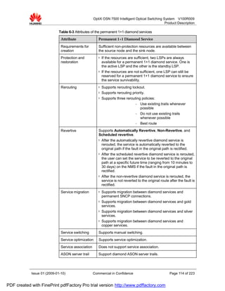 OptiX OSN 7500 Intelligent Optical Switching System V100R009
                                                                                                  Product Description

                             Table 6-3 Attributes of the permanent 1+1 diamond services
                              Attribute                Permanent 1+1 Diamond Service

                              Requirements for         Sufficient non-protection resources are available between
                              creation                 the source node and the sink node.
                              Protection and           l   If the resources are sufficient, two LSPs are always
                              restoration                  available for a permanent 1+1 diamond service. One is
                                                           the active LSP and the other is the standby LSP.
                                                       l   If the resources are not sufficient, one LSP can still be
                                                           reserved for a permanent 1+1 diamond service to ensure
                                                           the service survivability.
                              Rerouting                l   Supports rerouting lockout.
                                                       l   Supports rerouting priority.
                                                       l   Supports three rerouting policies:
                                                                                   −   Use existing trails whenever
                                                                                       possible
                                                                                   −   Do not use existing trails
                                                                                       whenever possible
                                                                                   −   Best route
                              Revertive                Supports Automatically Revertive, Non-Revertive, and
                                                       Scheduled revertive.
                                                       l   After the automatically revertive diamond service is
                                                           rerouted, the service is automatically reverted to the
                                                           original path if the fault in the original path is rectified.
                                                       l   After the scheduled revertive diamond service is rerouted,
                                                           the user can set the service to be reverted to the original
                                                           path at a specific future time (ranging from 10 minutes to
                                                           30 days) on the NMS if the fault in the original path is
                                                           rectified.
                                                       l   After the non-revertive diamond service is rerouted, the
                                                           service is not reverted to the original route after the fault is
                                                           rectified.
                              Service migration        l   Supports migration between diamond services and
                                                           permanent SNCP connections.
                                                       l   Supports migration between diamond services and gold
                                                           services.
                                                       l   Supports migration between diamond services and silver
                                                           services.
                                                       l   Supports migration between diamond services and
                                                           copper services.
                              Service switching        Supports manual switching.
                              Service optimization     Supports service optimization.
                              Service association      Does not support service association.
                              ASON server trail        Support diamond ASON server trails.




            Issue 01 (2009-01-10)                   Commercial in Confidence                               Page 114 of 223


PDF created with FinePrint pdfFactory Pro trial version http://www.pdffactory.com
 