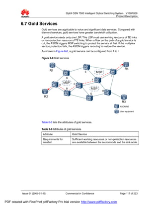 OptiX OSN 7500 Intelligent Optical Switching System V100R009
                                                                                                  Product Description


           6.7 Gold Services
                             Gold services are applicable to voice and significant data services. Compared with
                             diamond services, gold services have greater bandwidth utilization.
                             A gold service needs only one LSP. This LSP must use working resource of TE links
                             or non-protection resource of TE links. When a fiber on the path of a gold service is
                             cut, the ASON triggers MSP switching to protect the service at first. If the multiplex
                             section protection fails, the ASON triggers rerouting to restore the service.
                             As shown in Figure 6-8, a gold service can be configured from A to I.

                             Figure 6-8 Gold services



                                                                                                          R4
                                    R1                                E         MSP
                                                                                            I
                                                    D
                                                                            F
                                                 MSP       C
                                             A
                                                    B                       MSP
                                                                                    H
                                                                           G
                               R2
                                                                                                       R3
                                                                                                     :ASON NE

                                                                                                     :User equipment




                             Table 6-6 lists the attributes of gold services.

                             Table 6-6 Attributes of gold services
                              Attribute                   Gold Service
                              Requirements for            Sufficient working resources or non-protection resources
                              creation                    are available between the source node and the sink node.




            Issue 01 (2009-01-10)                  Commercial in Confidence                          Page 117 of 223


PDF created with FinePrint pdfFactory Pro trial version http://www.pdffactory.com
 