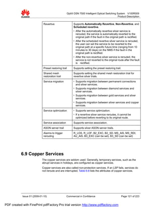 OptiX OSN 7500 Intelligent Optical Switching System V100R009
                                                                                                  Product Description


                              Revertive                   Supports Automatically Revertive, Non-Revertive, and
                                                          Scheduled revertive.
                                                          l   After the automatically revertive silver service is
                                                              rerouted, the service is automatically reverted to the
                                                              original path if the fault in the original path is rectified.
                                                          l   After the scheduled revertive silver service is rerouted,
                                                              the user can set the service to be reverted to the
                                                              original path at a specific future time (ranging from 10
                                                              minutes to 30 days) on the NMS if the fault in the
                                                              original path is rectified.
                                                          l   After the non-revertive silver service is rerouted, the
                                                              service is not reverted to the original route after the fault
                                                              is rectified.
                              Preset restoring trail      Supports setting the preset restoring trail.
                              Shared mesh                 Supports setting the shared mesh restoration trial for
                              restoration trail           revertive silver trials.
                              Service migration           l   Supports migration between permanent connections
                                                              and silver services.
                                                          l   Supports migration between diamond services and
                                                              silver services.
                                                          l   Supports migration between gold services and silver
                                                              services.
                                                          l   Supports migration between silver services and copper
                                                              services.
                              Service optimization        l   Supports service optimization.
                                                          l   If a revertive silver service reroutes, it cannot be
                                                              optimized before reverting to its original route.
                              Service association         Supports service association.
                              ASON server trail           Supports silver ASON server trails.
                              Alarms to trigger           R_LOS, R_LOF, B2_EXC, B2_SD, MS_AIS, MS_RDI,
                              rerouting                   AU_AIS, B3_EXC (can be set), B3_SD (can be set)




           6.9 Copper Services
                             The copper services are seldom used. Generally, temporary services, such as the
                             abrupt services in holidays, are configured as copper services.
                             Copper services are also called non-protection services. If an LSP fails, services do
                             not reroute and are interrupted. Table 6-8 lists the attributes of copper services.




            Issue 01 (2009-01-10)                   Commercial in Confidence                               Page 121 of 223


PDF created with FinePrint pdfFactory Pro trial version http://www.pdffactory.com
 