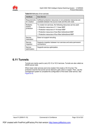OptiX OSN 7500 Intelligent Optical Switching System V100R009
                                                                                                   Product Description

                             Table 6-9 Attributes of iron services
                              Attribute         Iron Service

                              Requirements      Sufficient protection resources or non-protection resources are
                              for creation      available between the source node and the sink node.
                              Multiplex         To create iron services, the following resources can be used:
                              section           l   Protection resources of 1:1 linear MSP
                              protection
                                                l   Protection resources of 1:N linear MSP
                                                l   Protection resources of two-fiber bidirectional MSP
                                                l   Protection resources of four-fiber bidirectional MSP
                              Service           Does not support rerouting.
                              restoration
                              Service           Supports migration between iron services and extra permanent
                              migration         connections.
                              Service           Supports service optimization.
                              optimization




           6.11 Tunnels
                             Tunnels are mainly used to carry VC-12 or VC-3 services. Tunnels are also called as
                             ASON server trails.
                             When lower order services are to be created, first create a VC-4 tunnel. The
                             protection level for the tunnel can be diamond, gold, silver or copper. Then, use the
                             management system to complete the configuration of the lower order service. See
                             Figure 6-10.




            Issue 01 (2009-01-10)                    Commercial in Confidence                        Page 123 of 223


PDF created with FinePrint pdfFactory Pro trial version http://www.pdffactory.com
 