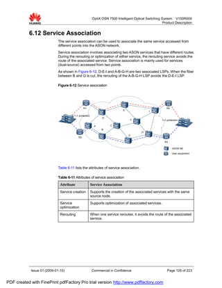 OptiX OSN 7500 Intelligent Optical Switching System V100R009
                                                                                                      Product Description


           6.12 Service Association
                             The service association can be used to associate the same service accessed from
                             different points into the ASON network.
                             Service association involves associating two ASON services that have different routes.
                             During the rerouting or optimization of either service, the rerouting service avoids the
                             route of the associated service. Service association is mainly used for services
                             (dual-source) accessed from two points.
                             As shown in Figure 6-12, D-E-I and A-B-G-H are two associated LSPs. When the fiber
                             between B and G is cut, the rerouting of the A-B-G-H LSP avoids the D-E-I LSP.

                             Figure 6-12 Service association




                                               R1                                                         R4
                                                                             E               I
                                       1+ protection
                                         1
                                                              D
                                                                                 F                     1+ protection
                                                                                                         1

                                                         A         C
                                                              B
                                                                                        H
                                                                                 G
                                          R2
                                                                                                         R3

                                                                                                               : ASON NE

                                                                                                               : User equipment




                             Table 6-11 lists the attributes of service association.

                             Table 6-11 Attributes of service association
                              Attribute                Service Association

                              Service creation         Supports the creation of the associated services with the same
                                                       source node.
                              Service                  Supports optimization of associated services.
                              optimization
                              Rerouting                When one service reroutes, it avoids the route of the associated
                                                       service.




            Issue 01 (2009-01-10)                      Commercial in Confidence                            Page 126 of 223


PDF created with FinePrint pdfFactory Pro trial version http://www.pdffactory.com
 