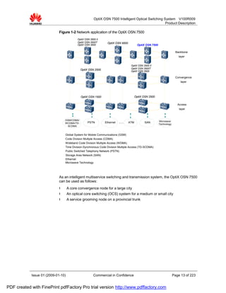 OptiX OSN 7500 Intelligent Optical Switching System V100R009
                                                                                                     Product Description

                             Figure 1-2 Network application of the OptiX OSN 7500
                                          OptiX OSN 3500 II
                                          OptiX OSN 3500T       OptiX OSN 9500
                                          OptiX OSN 3500                                OptiX OSN 7500

                                                                                                                        Backbone
                                                                                                                          layer


                                                                                  OptiX OSN 3500 II
                                                                                  OptiX OSN 3500T
                                             OptiX OSN 2500                       OptiX OSN 3500

                                                                                                                       Convergence
                                                                                                                           layer




                                             OptiX OSN 1500                            OptiX OSN 2500

                                                                                                                         Access
                                                                                                                          layer



                                 GSM/CDMA/                                                               Microwave
                                 WCDMA/TD-        PSTN        Ethernet   ...     ATM          SAN
                                                                                                         Technology
                                  SCDMA


                                 Global System for Mobile Communications (GSM)
                                 Code Division Multiple Access (CDMA)
                                 Wideband Code Division Multiple Access (WDMA)
                                 Time Division-Synchronous Code Division Multiple Access (TD-SCDMA)
                                 Public Switched Telephony Network (PSTN)
                                 Storage Area Network (SAN)
                                 Ethernet
                                 Microwave Technology




                             As an intelligent multiservice switching and transmission system, the OptiX OSN 7500
                             can be used as follows:
                             l      A core convergence node for a large city
                             l      An optical core switching (OCS) system for a medium or small city
                             l      A service grooming node on a provincial trunk




            Issue 01 (2009-01-10)                      Commercial in Confidence                                       Page 13 of 223


PDF created with FinePrint pdfFactory Pro trial version http://www.pdffactory.com
 