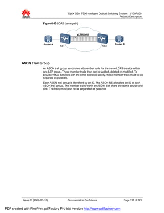 OptiX OSN 7500 Intelligent Optical Switching System V100R009
                                                                                                 Product Description

                             Figure 6-15 LCAS (same path)



                                                           VCTRUNK1



                             Router A                                                       Router B
                                            NE1                                  NE2




           ASON Trail Group
                             An ASON trail group associates all member trails for the same LCAS service within
                             one LSP group. These member trails then can be added, deleted or modified. To
                             provide virtual services with the error tolerance ability, these member trails must be as
                             separate as possible.
                             Each ASON trail group is identified by an ID. The ASON NE allocates an ID to each
                             ASON trail group. The member trails within an ASON trail share the same source and
                             sink. The trails must also be as separated as possible.




            Issue 01 (2009-01-10)                 Commercial in Confidence                          Page 131 of 223


PDF created with FinePrint pdfFactory Pro trial version http://www.pdffactory.com
 