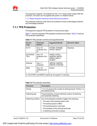 OptiX OSN 7500 Intelligent Optical Switching System V100R009
                                                                                                  Product Description

                             The equipment supports 1:N protection for the +3.3 V board power supply. With this
                             protection, the board can be supplied with power in a reliable manner.
                             7.1.11 Board Protection Schemes Under Abnormal Conditions
                             The protection schemes under abnormal conditions include undervoltage protection
                             and overvoltage protection.

           7.1.1 TPS Protection
                             The equipment supports TPS protection of many service types.
                             Table 7-1 lists the supported TPS protection schemes and boards. Table 7-2 lists the
                             TPS protection parameters.

                             Table 7-1 TPS protection schemes and supported boards
                              Service          Protection          Supported Boards           Revertive Mode
                              Type             Scheme

                              E1/T1            One 1:N             N1PQM, N1PQMA,             Revertive
                                               protection (N ≤     N1PQ1, N2PQ1a
                                               4)
                              E3/T3/E4/S       One 1:N             N1PD3, N1PL3,
                              TM-1             protection (N ≤     N2SPQ4, N2PQ3,
                                               3)                  N2PD3, N2PL3,
                                                                   N1SEP1
                              Ethernet         One 1:1             N2EFS0, N4EFS0,
                                               protection          N5EFS0, N1EFS0A
                              DDN              One 1:N             N1DX1
                                               protection (N ≤
                                               4)
                              a: The N1PQ1 and N2PQ1 boards do not support T1 services.



                             Table 7-2 TPS protection parameters
                              Parameter               Description
                              Priority                1–X: X is equal to the number of working boards. Priority 1 is
                                                      the highest priority.
                              Switching type          Forced switching, manual switching, lockout of switching,
                                                      and automatic switching.
                              Switching condition     Any of the following conditions triggers the switching:
                                                      l   The clock of the working board is lost.
                                                      l   The working board is offline.
                                                      l   The working board is cold reset.
                                                      l   The hardware of the working board fails.
                                                      l   A switching command is issued.



            Issue 01 (2009-01-10)                   Commercial in Confidence                         Page 133 of 223


PDF created with FinePrint pdfFactory Pro trial version http://www.pdffactory.com
 