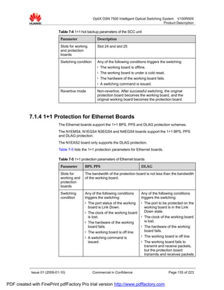 OptiX OSN 7500 Intelligent Optical Switching System V100R009
                                                                                                   Product Description

                             Table 7-4 1+1 hot backup parameters of the SCC unit
                              Parameter                 Description

                              Slots for working         Slot 24 and slot 25
                              and protection
                              boards
                              Switching condition       Any of the following conditions triggers the switching:
                                                        l   The working board is offline.
                                                        l   The working board is under a cold reset.
                                                        l   The hardware of the working board fails.
                                                        l   A switching command is issued.
                              Revertive mode            Non-revertive. After successful switching, the original
                                                        protection board becomes the working board, and the
                                                        original working board becomes the protection board.



           7.1.4 1+1 Protection for Ethernet Boards
                             The Ethernet boards support the 1+1 BPS, PPS and DLAG protection schemes.
                             The N1EMS4, N1EGS4 N3EGS4 and N4EGS4 boards support the 1+1 BPS, PPS
                             and DLAG protection.
                             The N1EAS2 board only supports the DLAG protection.
                             Table 7-5 lists the 1+1 protection parameters for Ethernet boards.

                             Table 7-5 1+1 protection parameters of Ethernet boards
                              Parameter      BPS, PPS                                 DLAG

                              Slots for      The bandwidth of the protection board is not less than the bandwidth
                              working and    of the working board.
                              protection
                              boards
                              Switching      Any of the following conditions          Any of the following conditions
                              condition      triggers the switching:                  triggers the switching:
                                             l    The port status of the working      l   The port to be protected on the
                                                  board is Link Down.                     working board is in the Link
                                             l    The clock of the working board          Down state.
                                                  is lost.                            l   The clock of the working board
                                             l    The hardware of the working             is lost.
                                                  board fails.                        l   The hardware of the working
                                             l    The working board is off line.          board fails.
                                             l    A switching command is
                                                                                      l   The working board is off line.
                                                  issued.                             l   The working board fails to
                                                                                          transmit and receive packets,
                                                                                          but the protection board
                                                                                          transmits and receives packets



            Issue 01 (2009-01-10)                   Commercial in Confidence                             Page 135 of 223


PDF created with FinePrint pdfFactory Pro trial version http://www.pdffactory.com
 