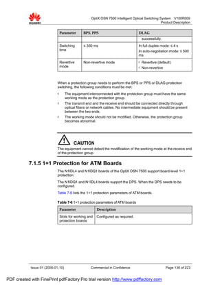 OptiX OSN 7500 Intelligent Optical Switching System V100R009
                                                                                                  Product Description


                              Parameter        BPS, PPS                            DLAG
                                                                                       successfully.
                              Switching        ≤ 350 ms                            In full duplex mode: ≤ 4 s
                              time                                                 In auto-negotiation mode: ≤ 500
                                                                                   ms
                              Revertive        Non-revertive mode                  l   Revertive (default)
                              mode                                                 l   Non-revertive



                             When a protection group needs to perform the BPS or PPS or DLAG protection
                             switching, the following conditions must be met.
                             l      The equipment interconnected with the protection group must have the same
                                    working mode as the protection group.
                             l      The transmit end and the receive end should be connected directly through
                                    optical fibers or network cables. No intermediate equipment should be present
                                    between the two ends.
                             l      The working mode should not be modified. Otherwise, the protection group
                                    becomes abnormal.




                             The equipment cannot detect the modification of the working mode at the receive end
                             of the protection group.


           7.1.5 1+1 Protection for ATM Boards
                             The N1IDL4 and N1IDQ1 boards of the OptiX OSN 7500 support board-level 1+1
                             protection.
                             The N1IDQ1 and N1IDL4 boards support the DPS. When the DPS needs to be
                             configured.
                             Table 7-6 lists the 1+1 protection parameters of ATM boards.

                             Table 7-6 1+1 protection parameters of ATM boards
                              Parameter                Description
                              Slots for working and    Configured as required.
                              protection boards




            Issue 01 (2009-01-10)                   Commercial in Confidence                           Page 136 of 223


PDF created with FinePrint pdfFactory Pro trial version http://www.pdffactory.com
 