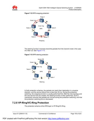 OptiX OSN 7500 Intelligent Optical Switching System V100R009
                                                                                                    Product Description

                             Figure 7-12 RPR wrapping protection

                                                         Node 4

                                     Outer ring



                                                     Inner ring
                               Node 3                                       Node 5
                                                       RPR




                                         Node 2                   Node 1

                                                       Wapping




                             The steering function reversely transmits packets from the transmit node in the case
                             of a fiber cut. See Figure 7-13.

                             Figure 7-13 RPR steering protection

                                                    Node 4

                                     Outer ring


                                                  Inner ring
                                Node 3                                       Node 5
                                                        RPR



                                                                           Node 1
                                          Node 2

                                                       Steering




                             In both protection schemes, the packets can reach their destination in a reverse
                             direction, and the service failure time is less than 50 ms. During the protection
                             switching, the wrapping function is usually performed first. After the new topology and
                             the new service trail are created, the steering function is then performed. Such a
                             mechanism ensures that packets are not lost during the protection switching, and that
                             the protection switching time is decreased.

           7.2.8 VP-Ring/VC-Ring Protection
                             The protection scheme at the ATM layer is VP-Ring/VC-Ring.



            Issue 01 (2009-01-10)                     Commercial in Confidence                        Page 150 of 223


PDF created with FinePrint pdfFactory Pro trial version http://www.pdffactory.com
 
